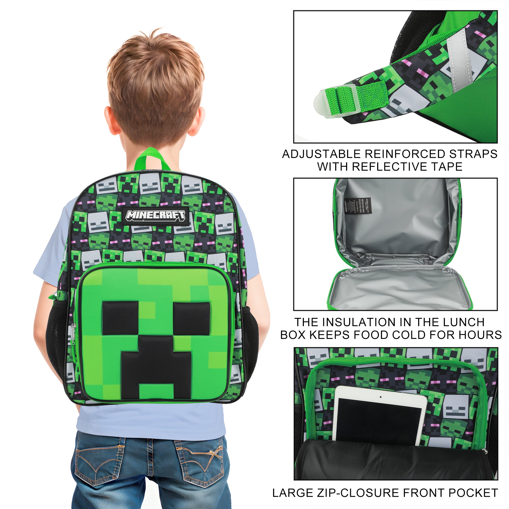 Minecraft Creepers 2-Piece 16"Premium Backpack & Lunch Box Set For School And Travel