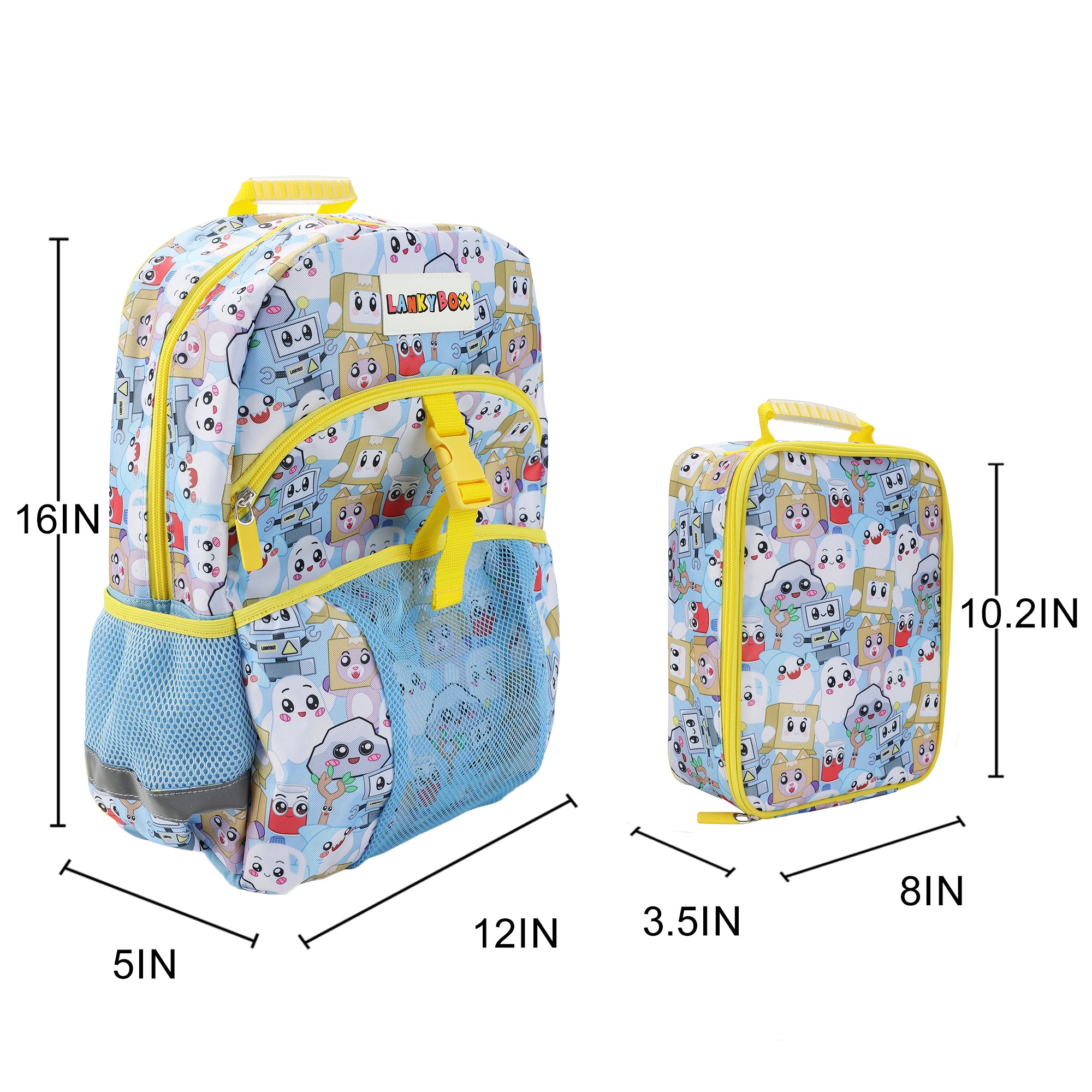 Lanky Box Character Collage 2-Piece 16" Premium Backpack & Lunch Box Set For boys School And Travel