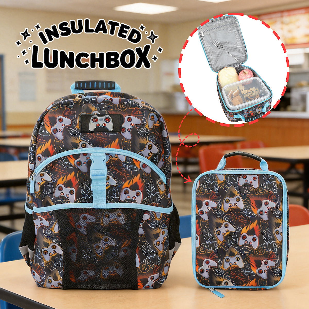 Video Game Controller All-Over Print 16" Premium Backpack & Lunch Kit Set for boys