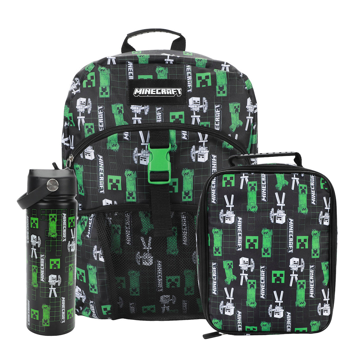 Minecraft Creepers & Skeletons All-Over Print Black 16” Backpack With Lunchbox Set and Stainless Steel Water Bottle