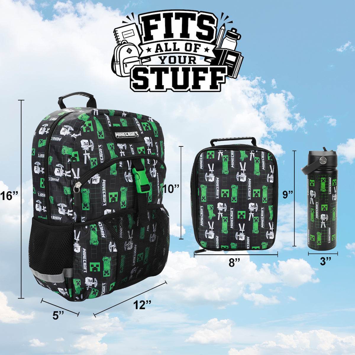 Minecraft Creepers & Skeletons All-Over Print Black 16” Backpack With Lunchbox Set and Stainless Steel Water Bottle