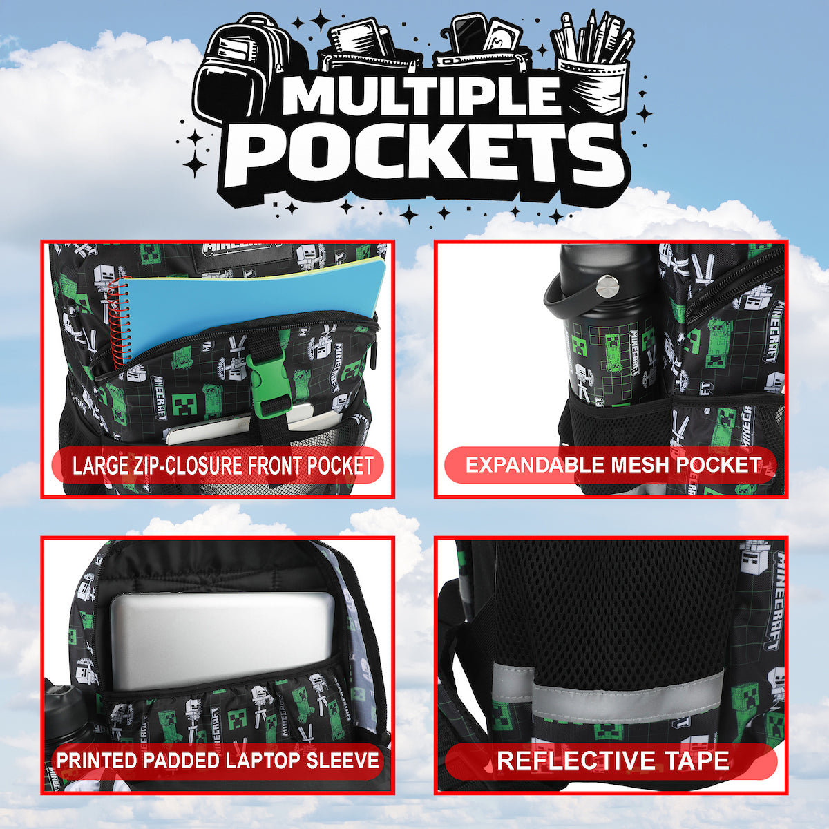 Minecraft Creepers & Skeletons All-Over Print Black 16” Backpack With Lunchbox Set and Stainless Steel Water Bottle