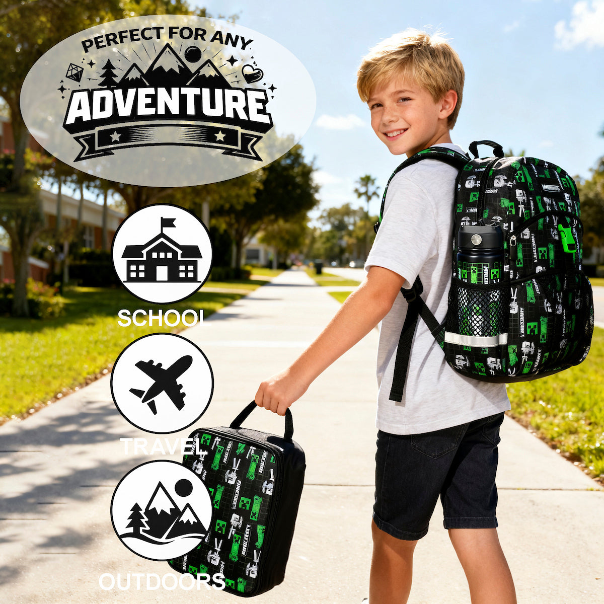 Minecraft Creepers & Skeletons All-Over Print Black 16” Backpack With Lunchbox Set and Stainless Steel Water Bottle
