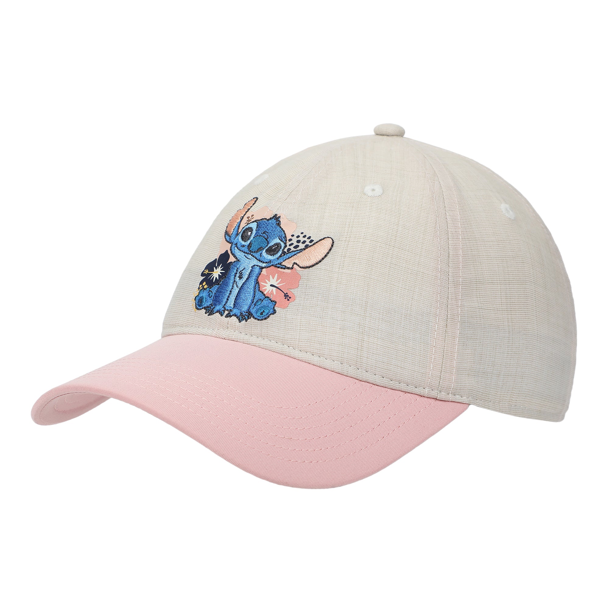 Disney Stitch Embroidered Character & Flowers Women's White & Pink Unstructured Baseball Cap