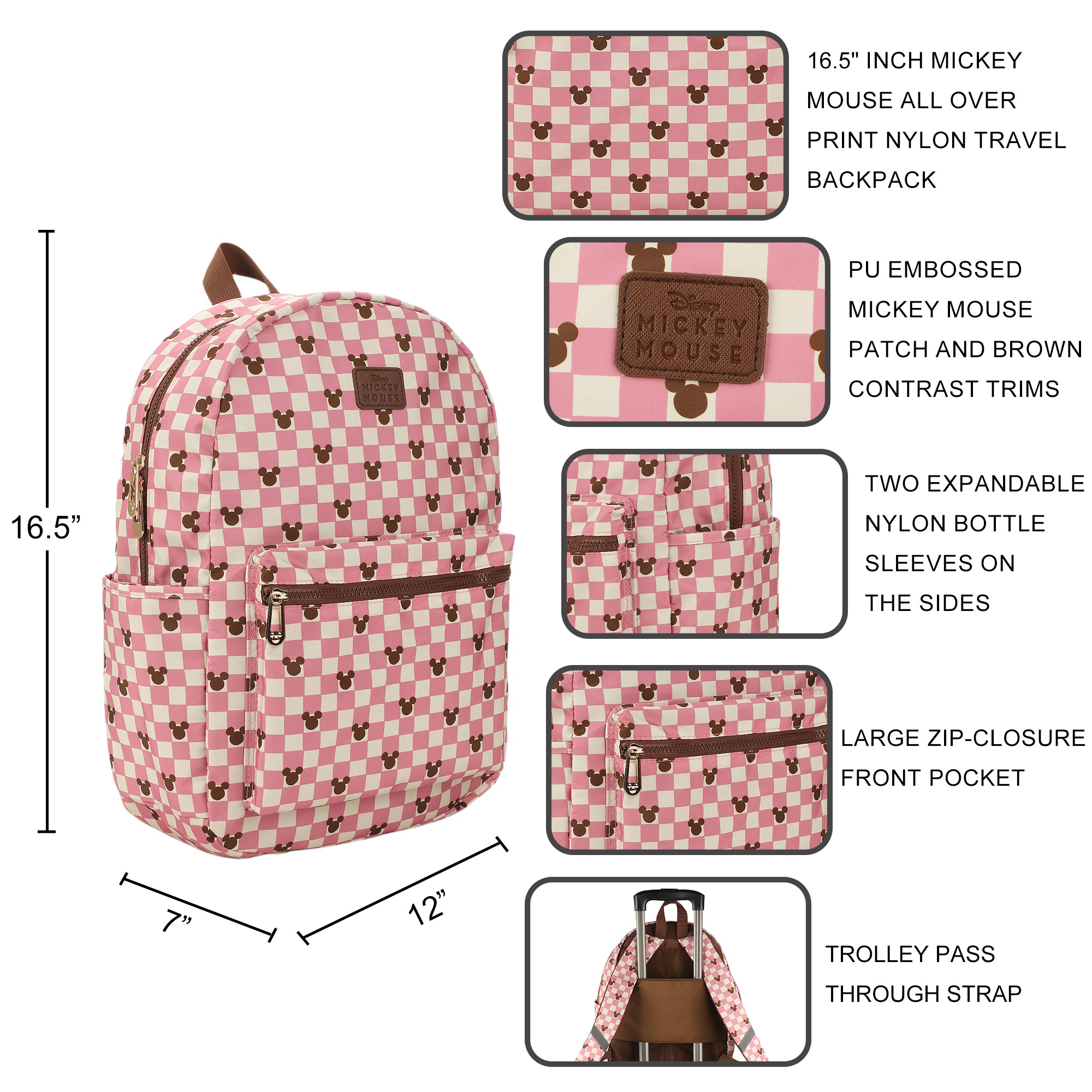 Disney Mickey Mouse Adult Pink Checkered 16.5" Travel Backpack