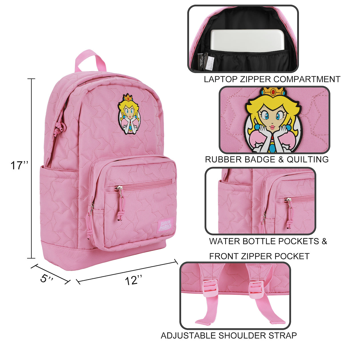 Super Mario Brothers Princess Peach 17" Quilted Adult Backpack