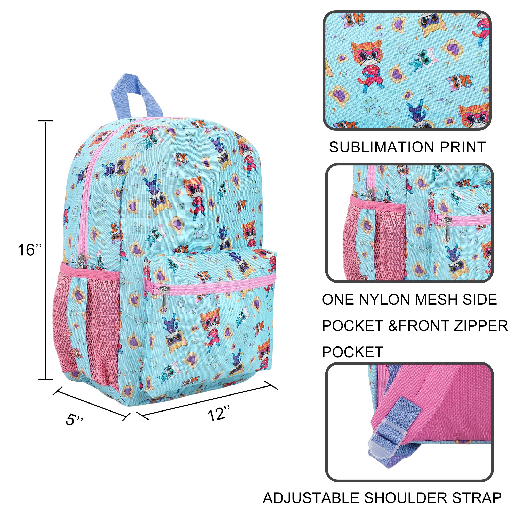 SuperKitties Favorite Characters 16" Kid's Backpack For School And Travel