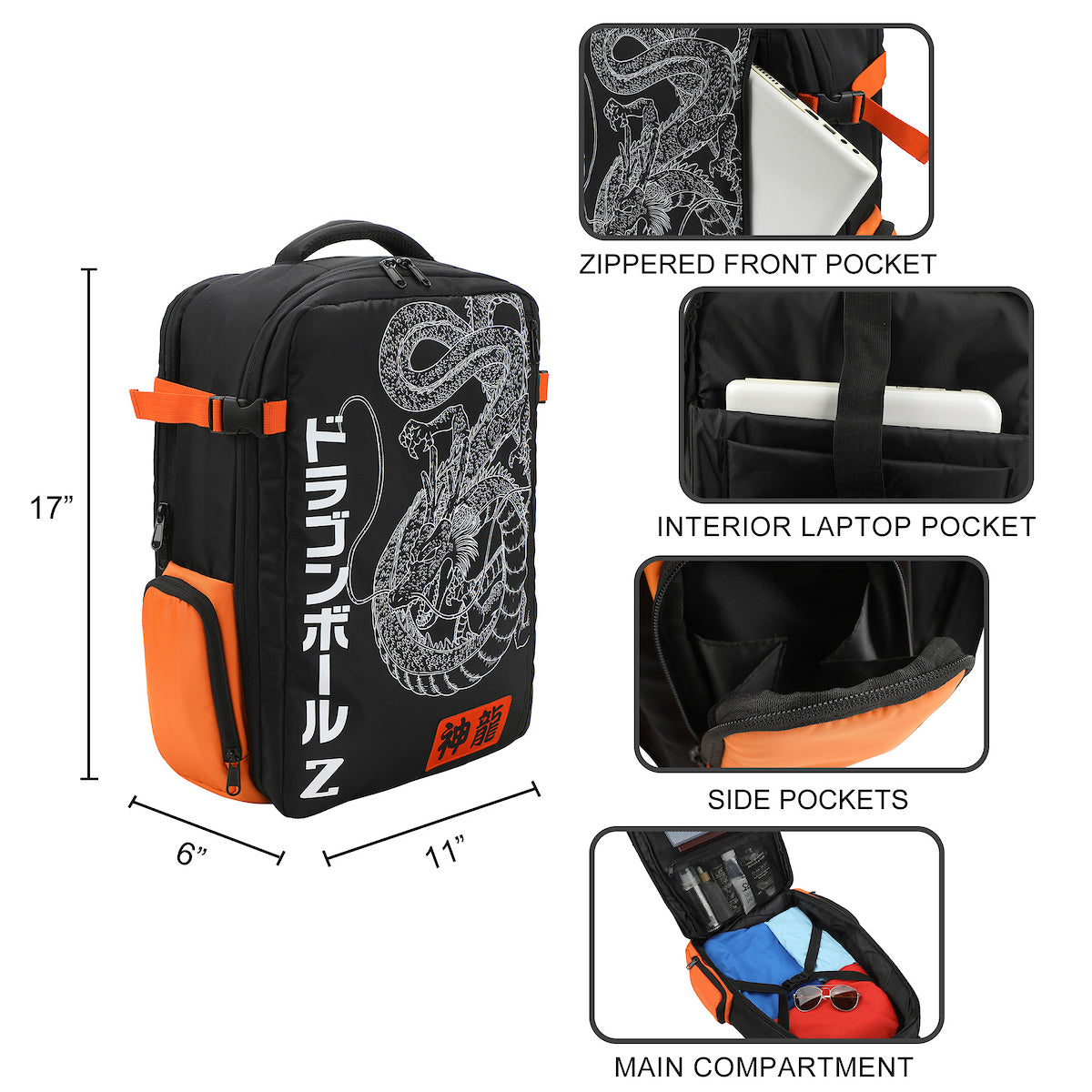 Dragon Ball Z Shenron Line Art Black 17" Large Travel Backpack