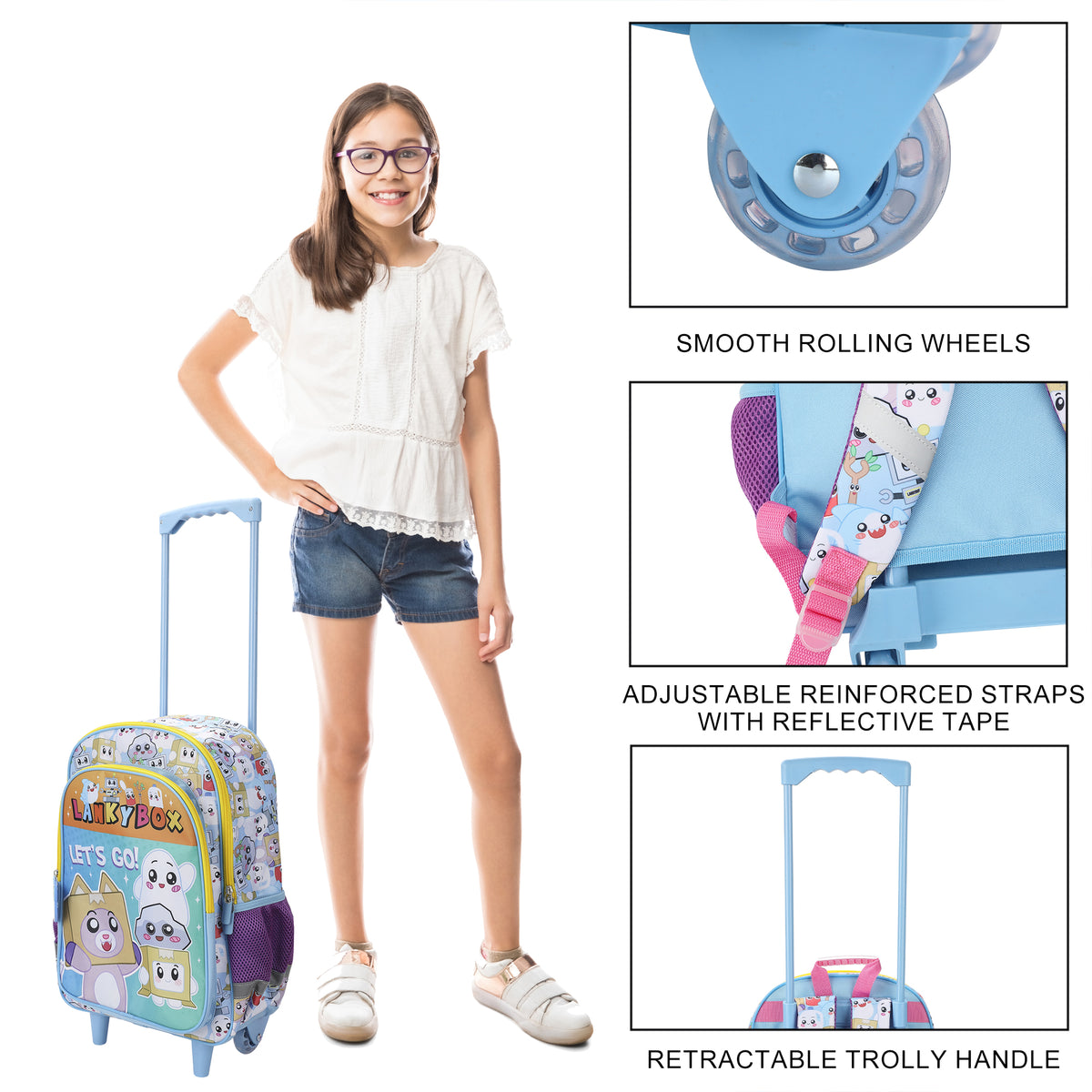 Lanky Box "Let's Go!" 16" Rolling Travel Backpack With Wheels And A Keychain