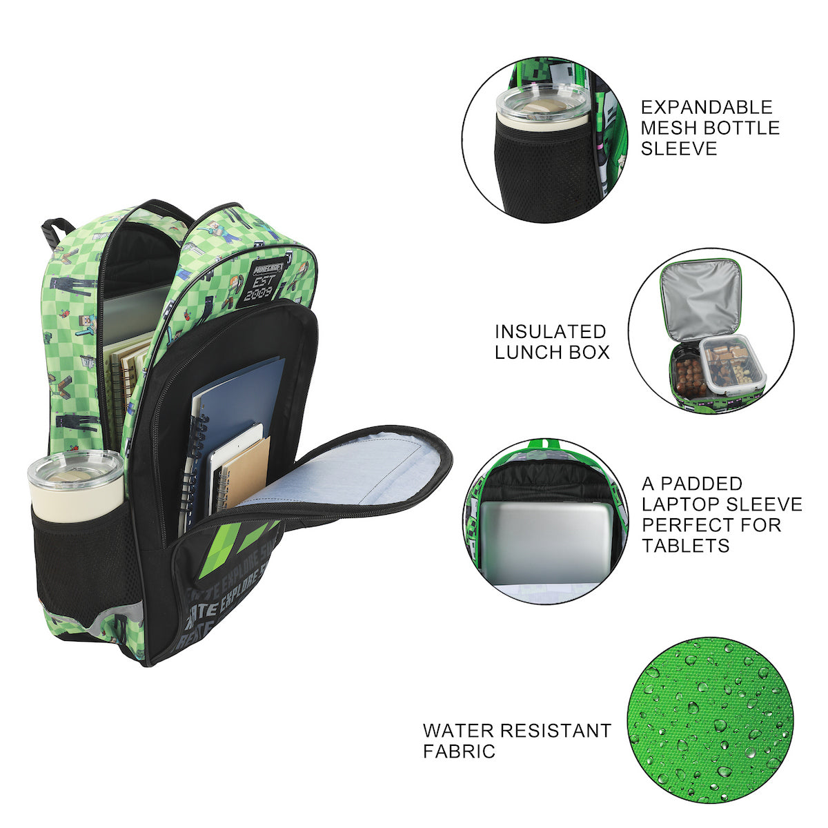 Minecraft Creeper Character 16" Kid's boys Backpack For School And Travel