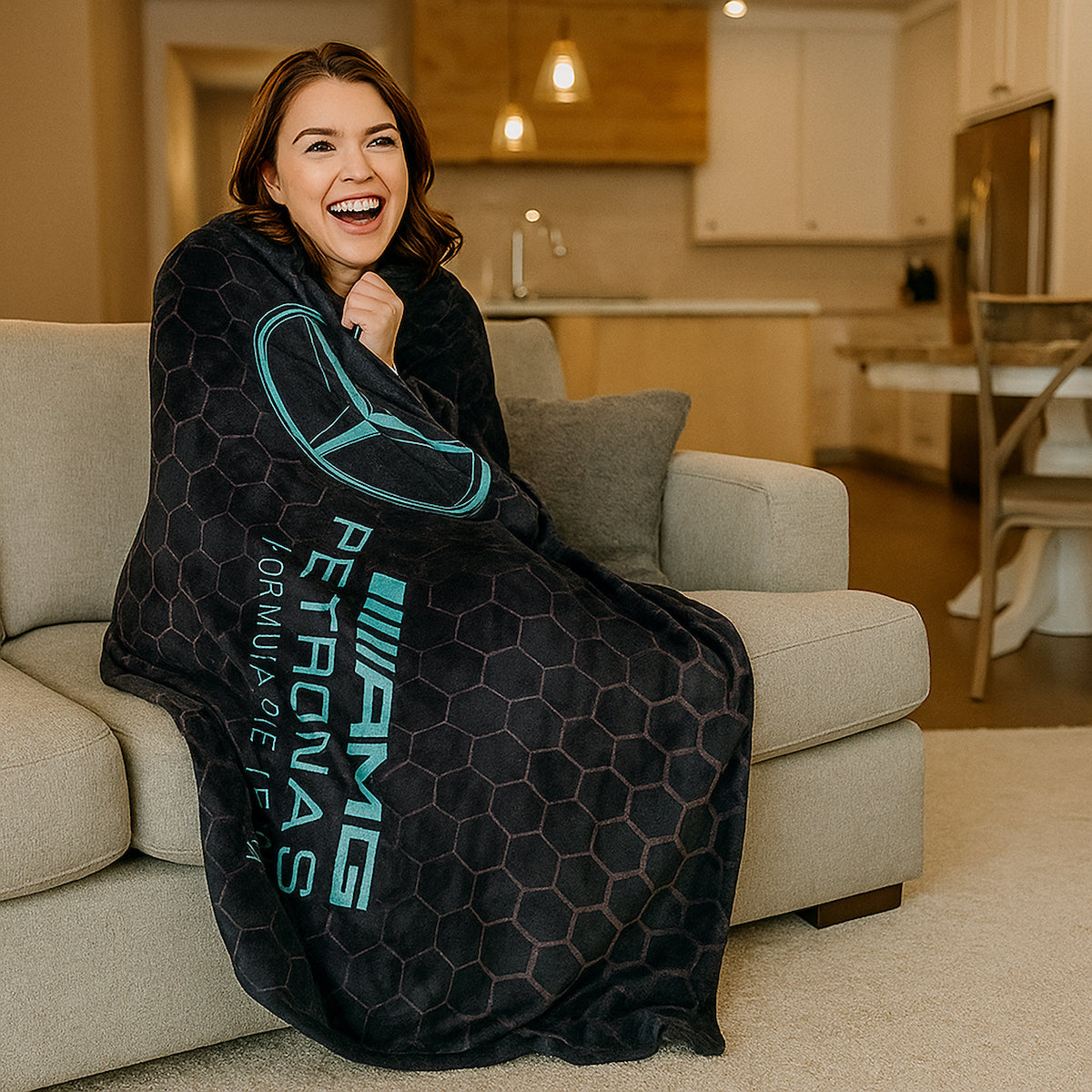 F1 Mercedes AMG Petronas Official Fleece Blanket | Super Soft Warm Black Throw Stealth Formula One Design | Perfect For The Bedroom Camping & Sleepovers 40 x 59"