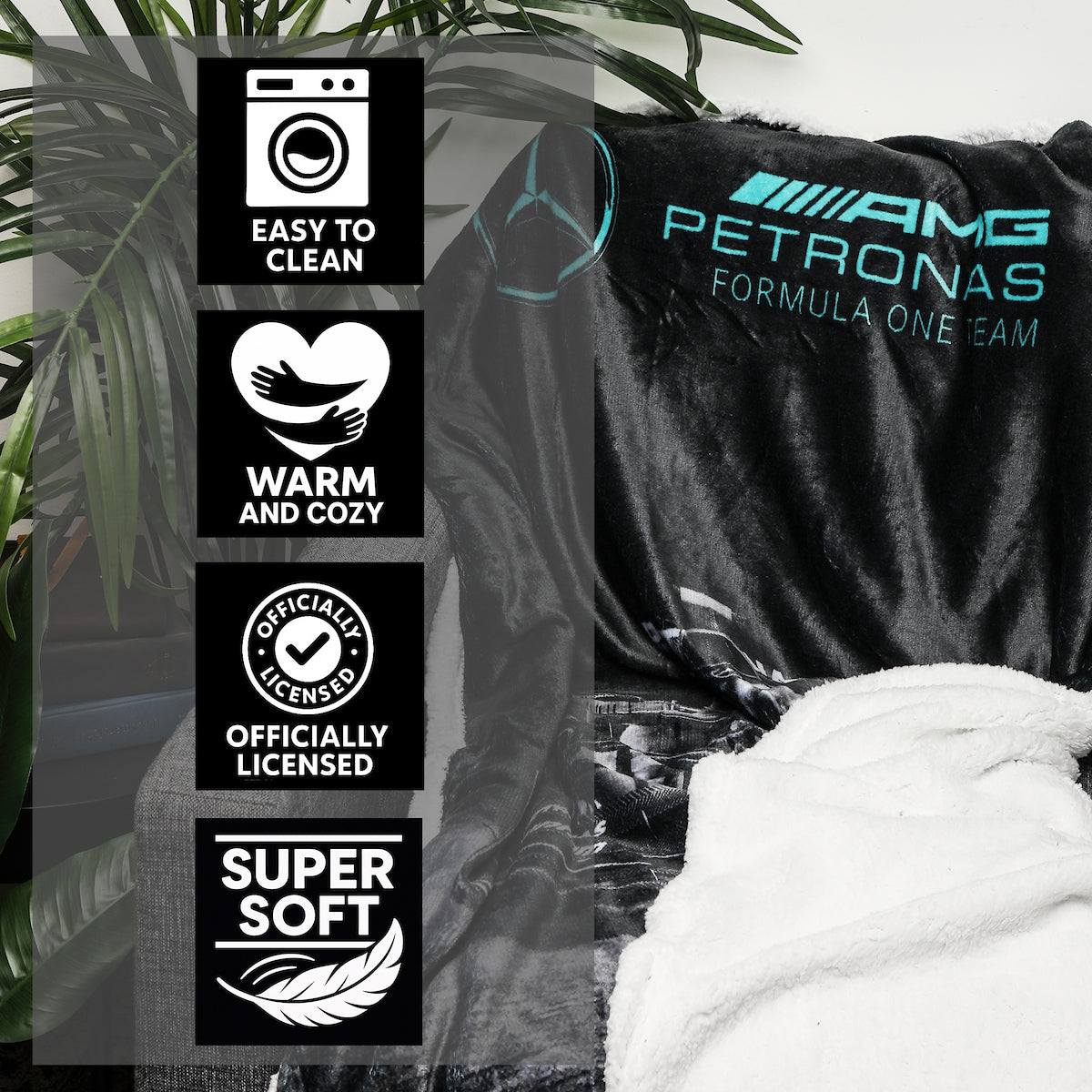 F1 Mercedes AMG Petronas Official Fleece Blanket | Super Soft Warm Throw with Sherpa Reverse Formula One Design | Perfect For Home Bedroom Sleepovers & Camping | Size 47 x 59"