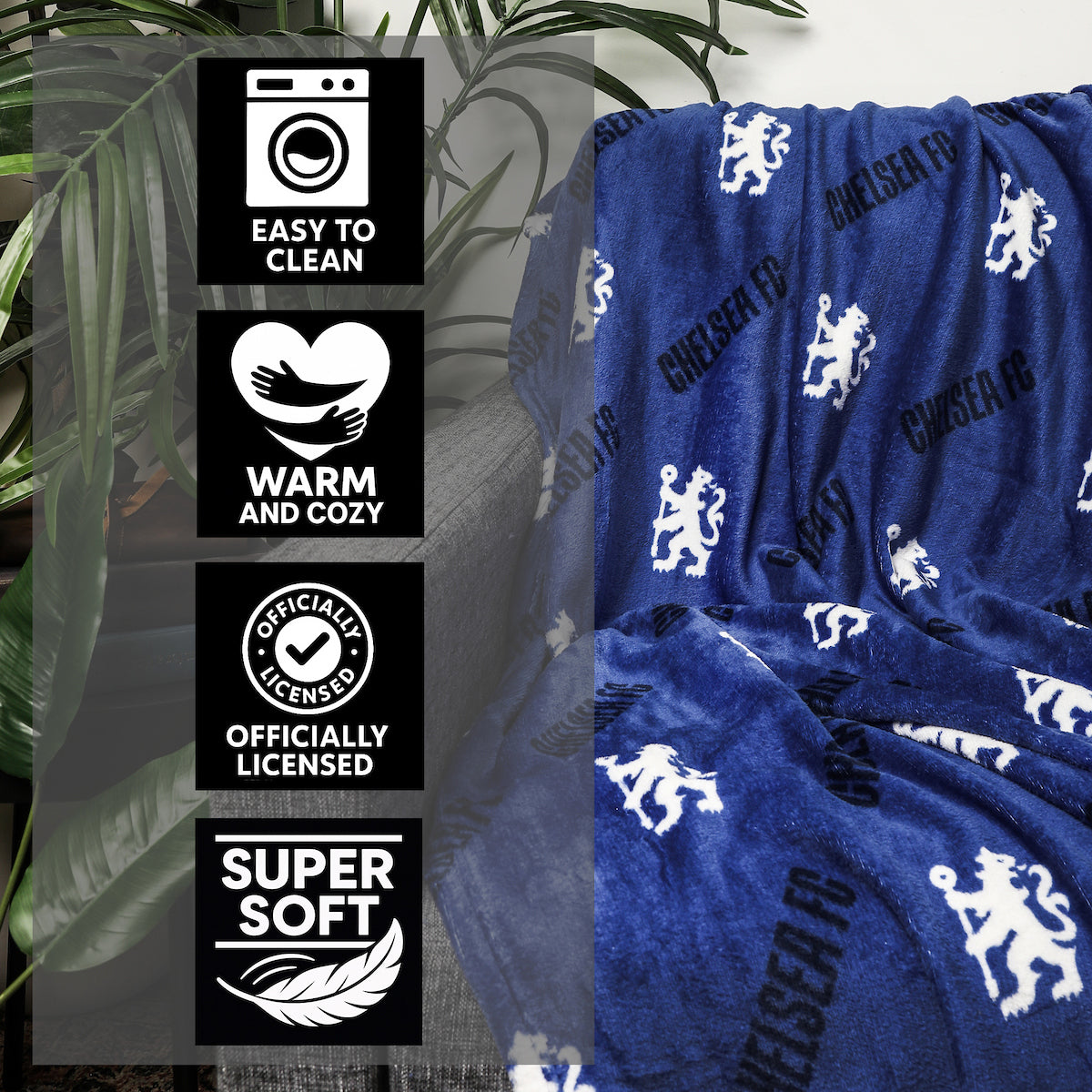 Chelsea FC Official Fleece Throw Blanket – Soft Lightweight Blue Football Blanket for Sofa, Bed & Travel, Machine Washable Polyester (100x150 cm)