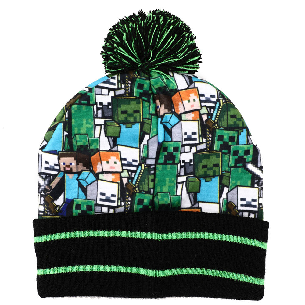 Kids Minecraft Fleece Knit Cuff Hat and Ski Gloves Set