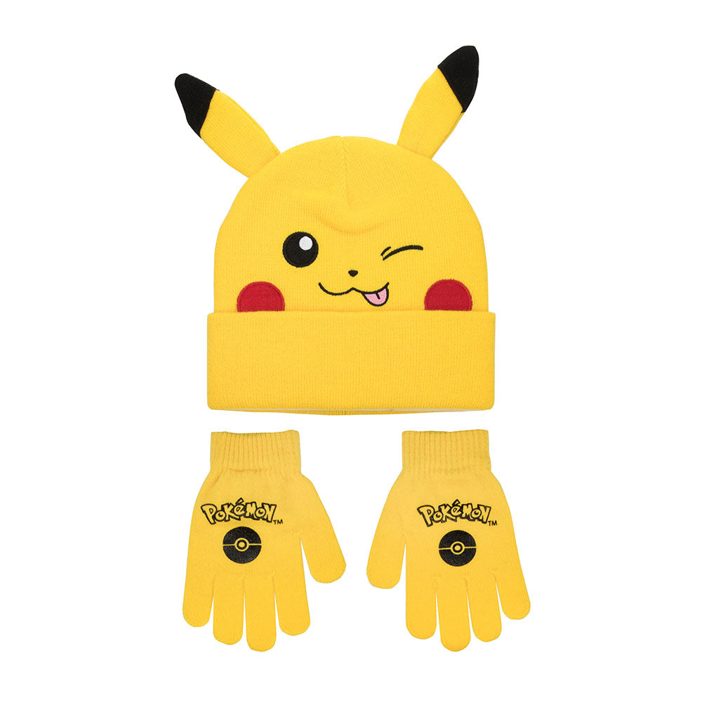 Pokemon Pikachu Cuff Hat With 3D Ears And Matching Gloves