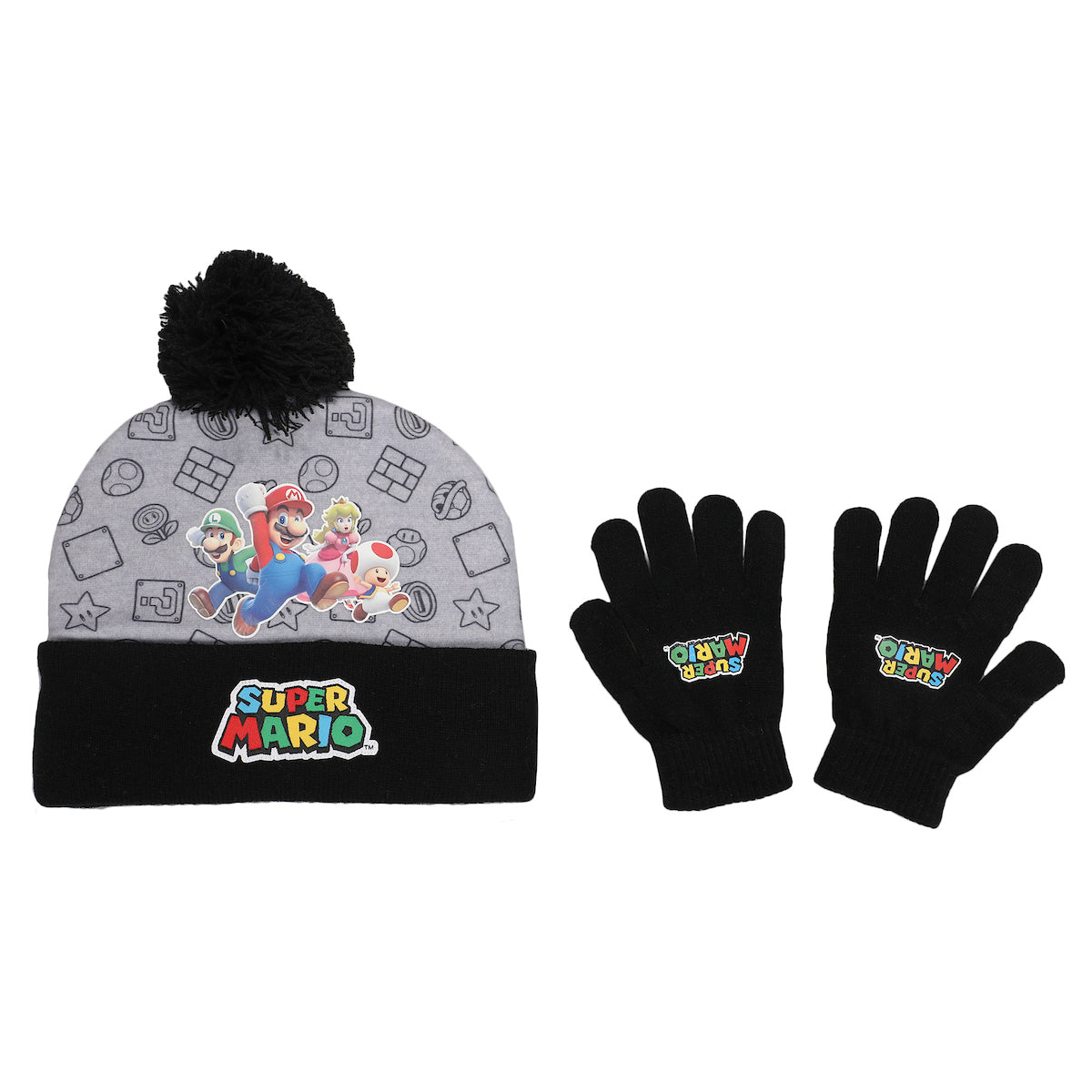 Super Mario Brothers and Princess Peach Youth Cuff Beanie and Gloves Set