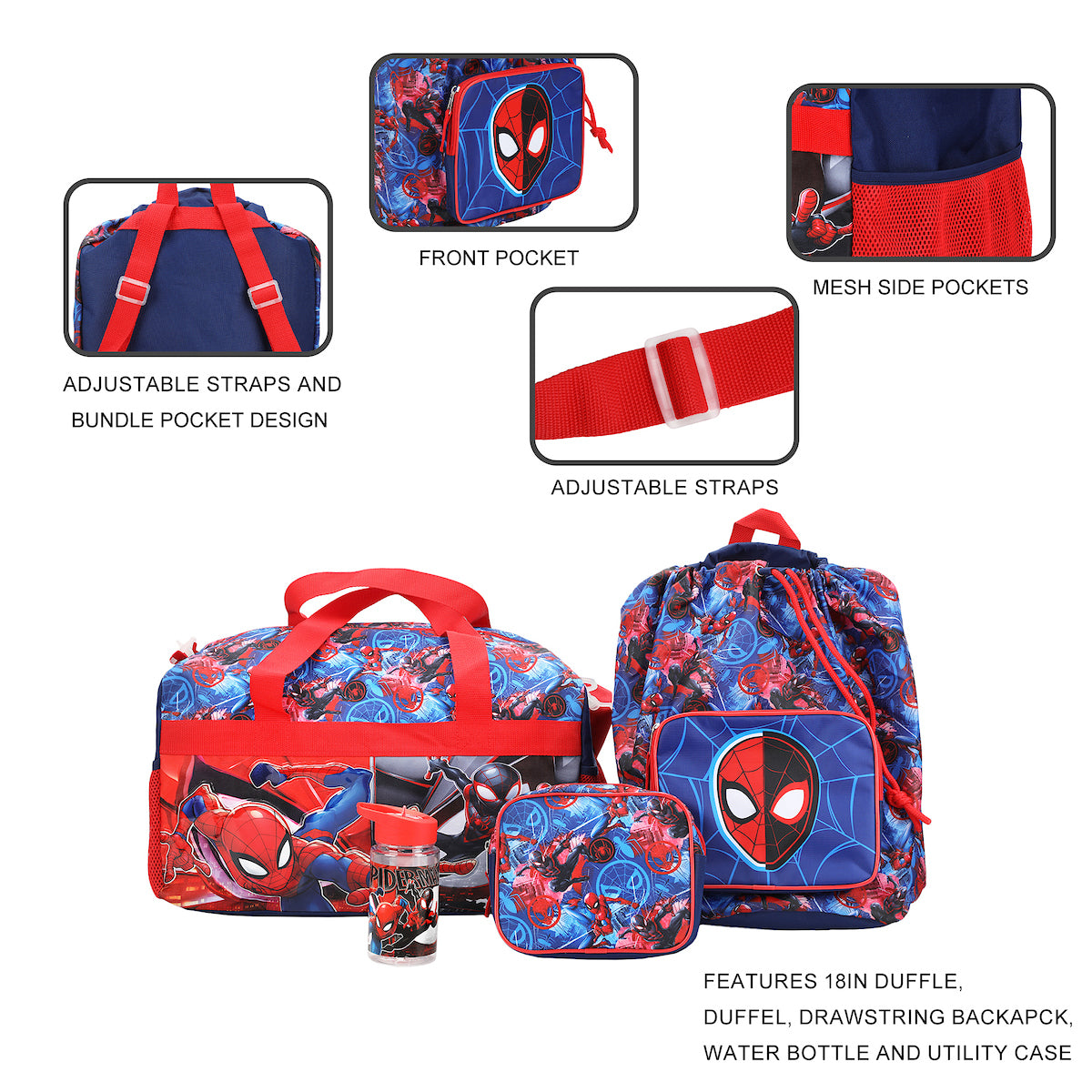 Spider-Man 4-Piece Duffel, Drawstring Backpack, Water Bottle and Utility Case Blue Youth Duffle Bag Set