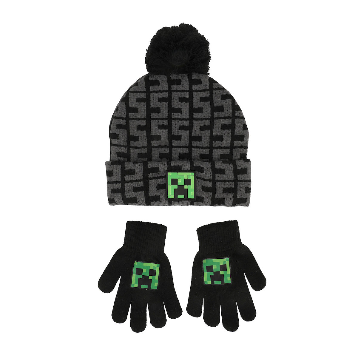 Minecraft SSSS Creeper Toddler Black 2-Piece Knit Beanie & Gloves Set