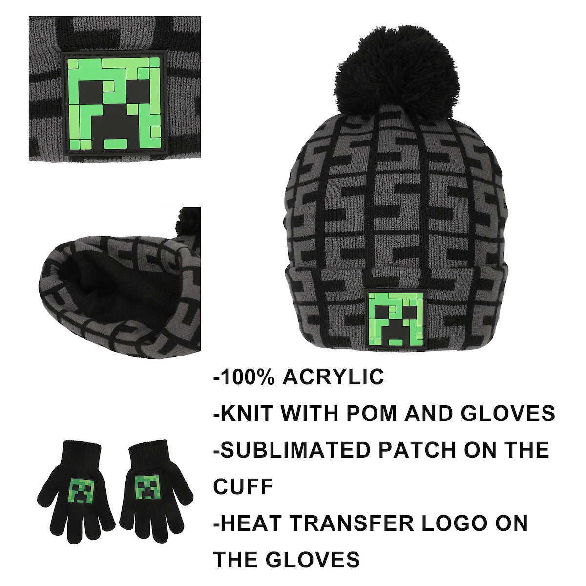 Minecraft SSSS Creeper Toddler Black 2-Piece Knit Beanie & Gloves Set