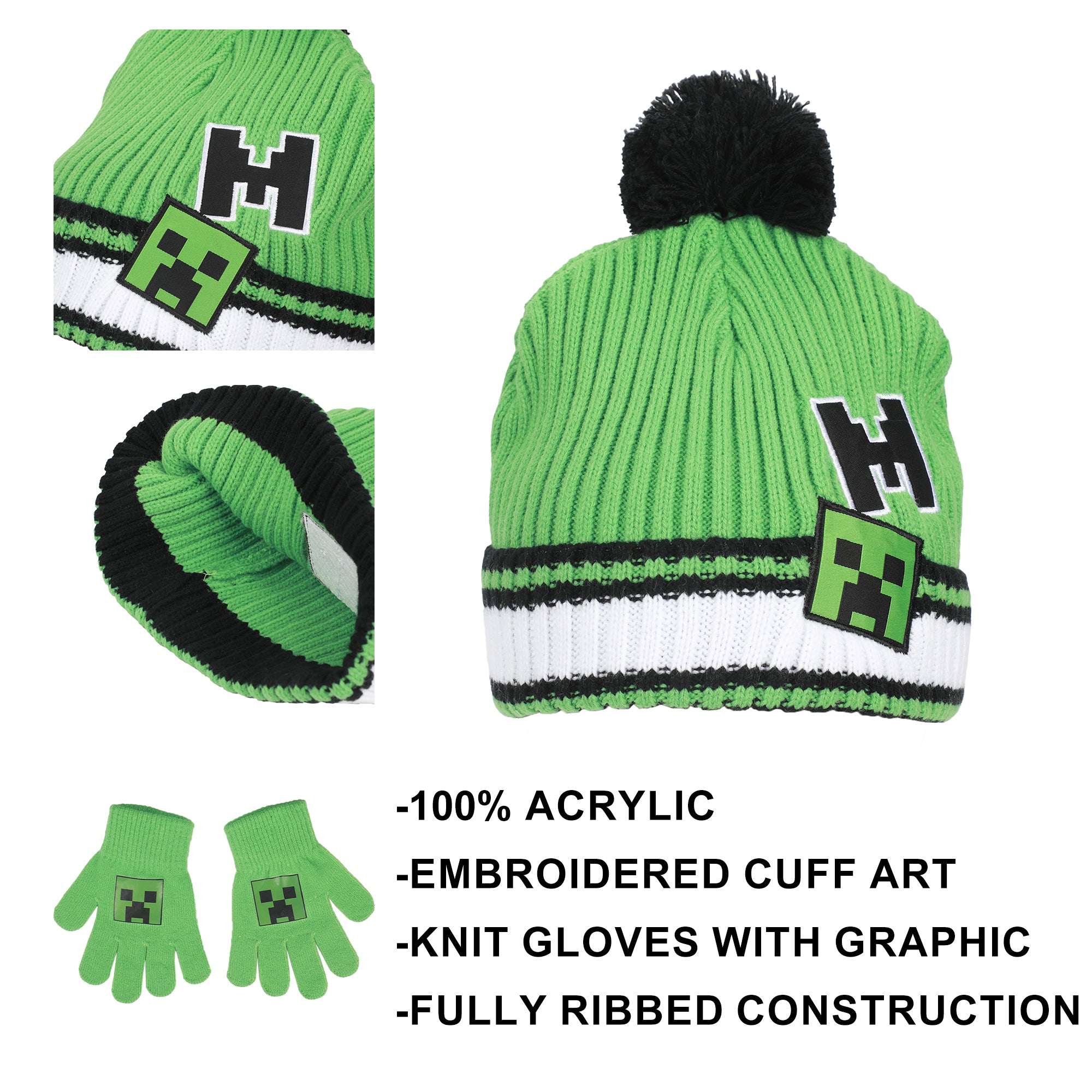 Minecraft Creeper Youth Cuff Hat And Knit Gloves Cold Weather Set