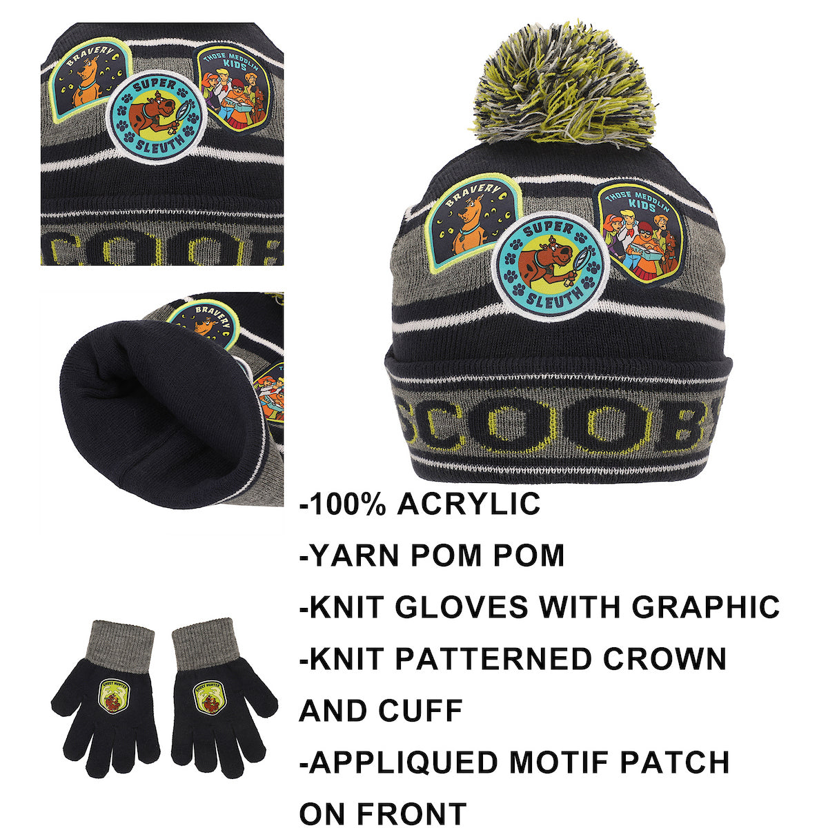 Scooby Doo Super Sleuth Badges Youth 2-Piece Knit Beanie & Gloves Set