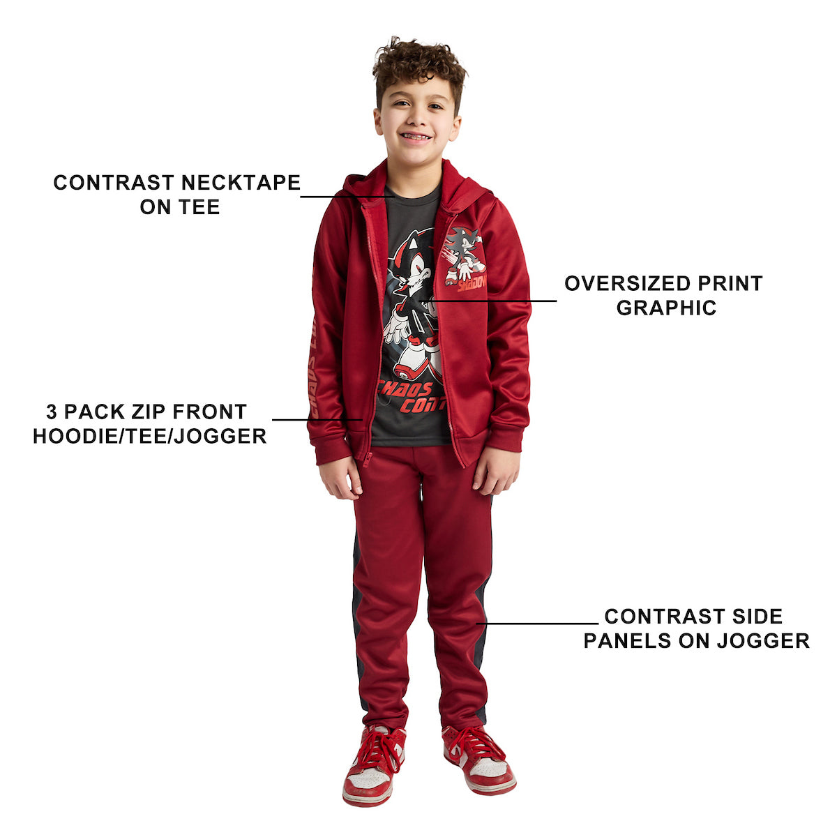 Sonic The Hedgehog Shadow Chaos Control Boy's 3-Pack Hoodie Tee & Joggers Set