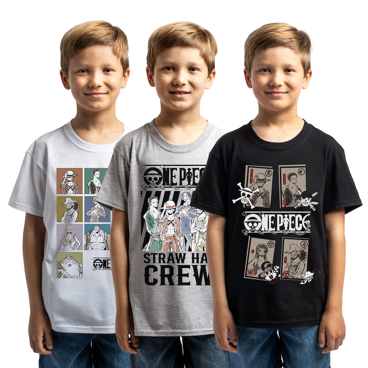 One Piece Straw Hat Crew Character Panels Boy’s 3-Pack Crew Neck Short Sleeve T-shirt Set