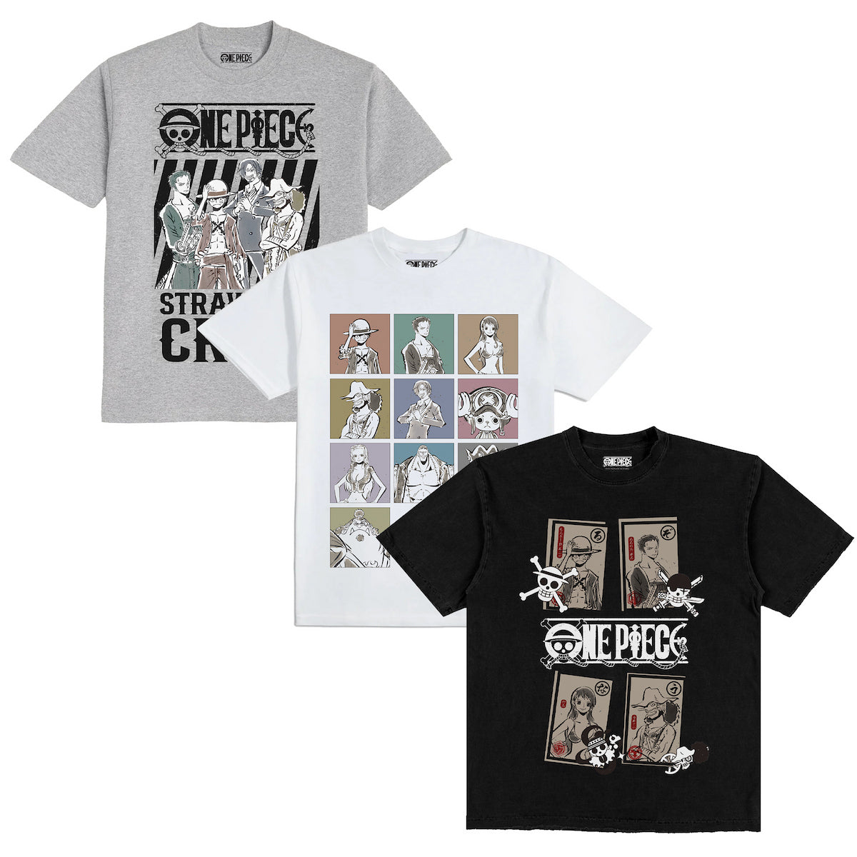 One Piece Straw Hat Crew Character Panels Boy’s 3-Pack Crew Neck Short Sleeve T-shirt Set