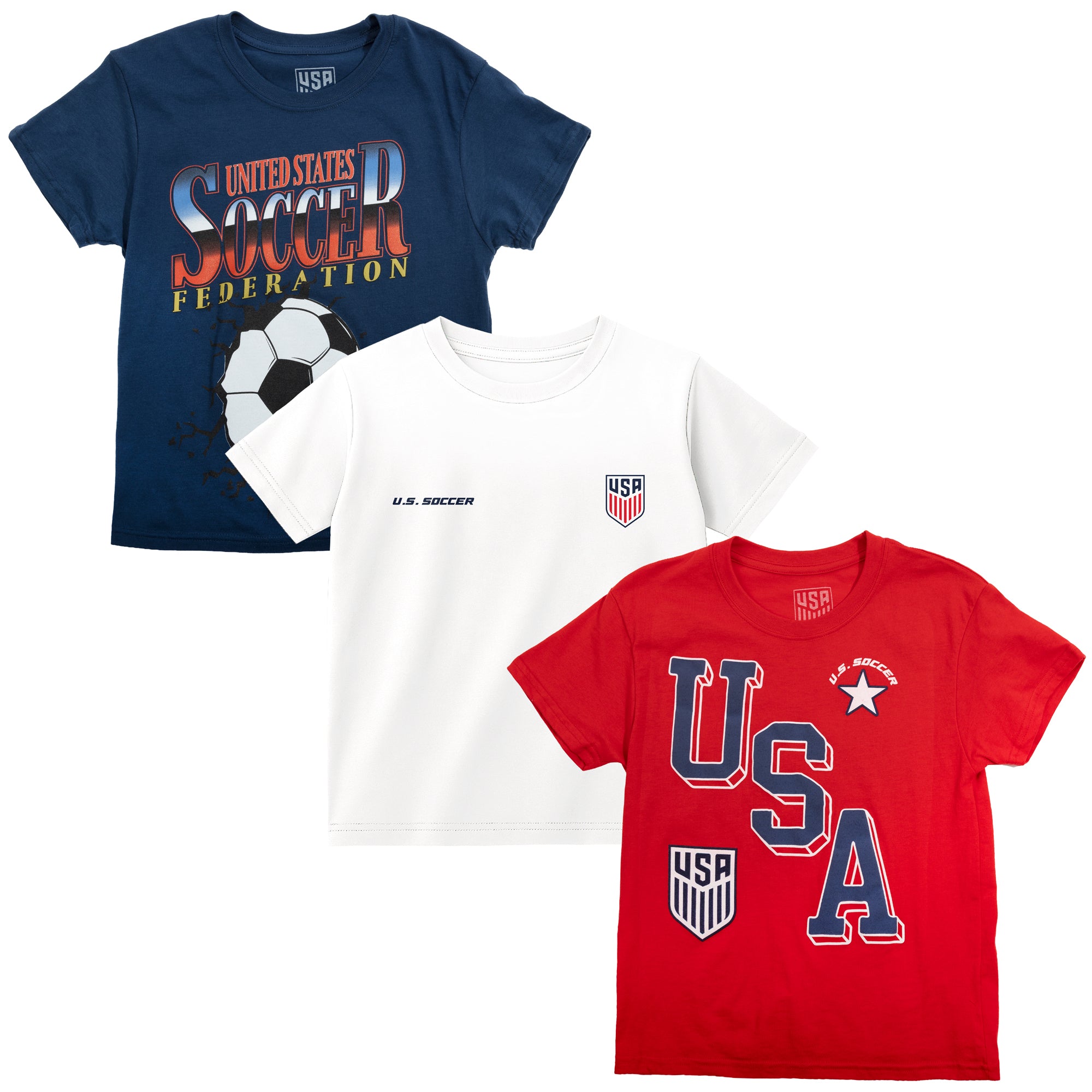 USSF USA Logos 13 Boy’s 3-Pack Crew Neck Short Sleeve T-shirt