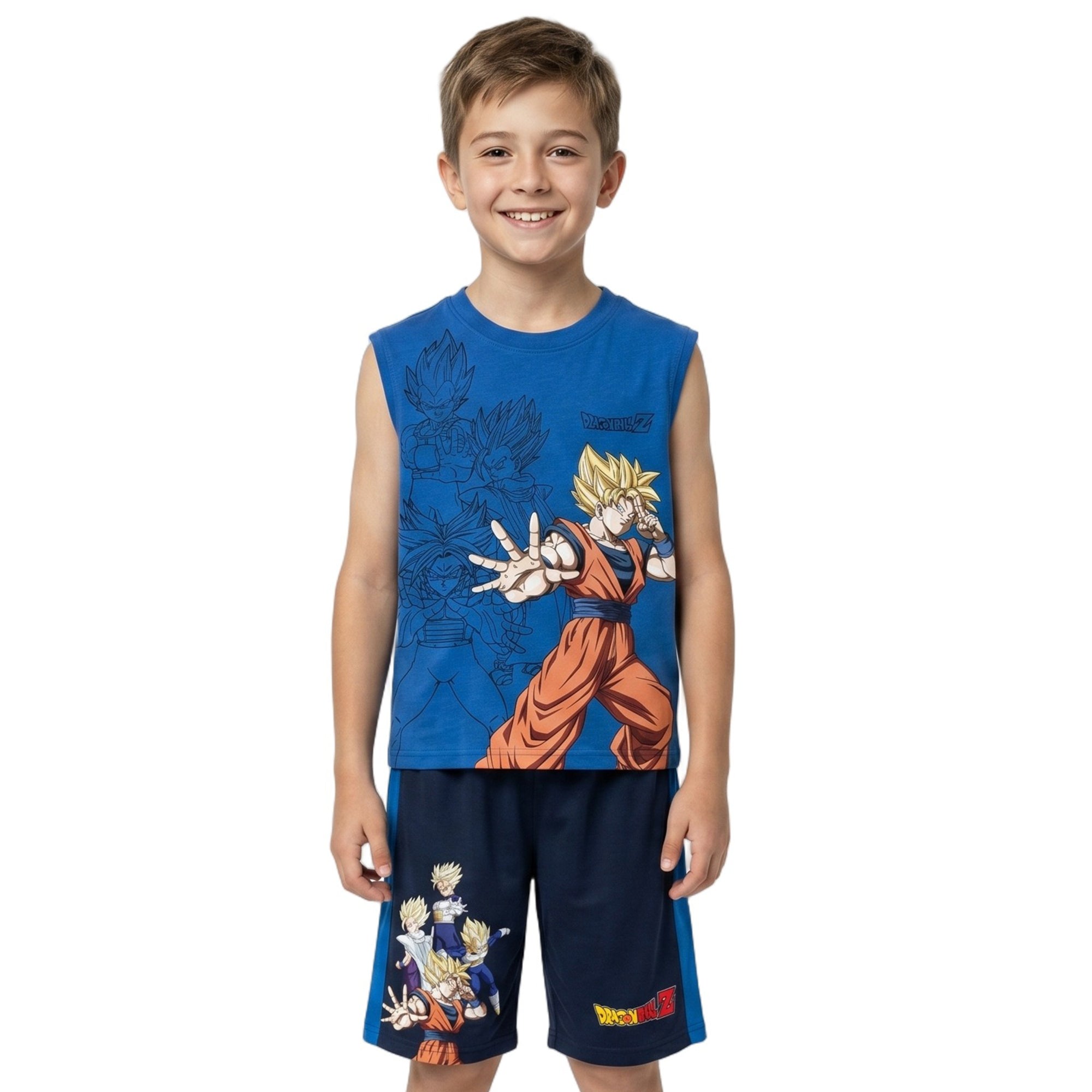 Dragon Ball Z Favorite Characters Youth Boy Muscle Shirt, Short-Sleeve Tee, and Lounge Shorts 3-Piece Combo Set