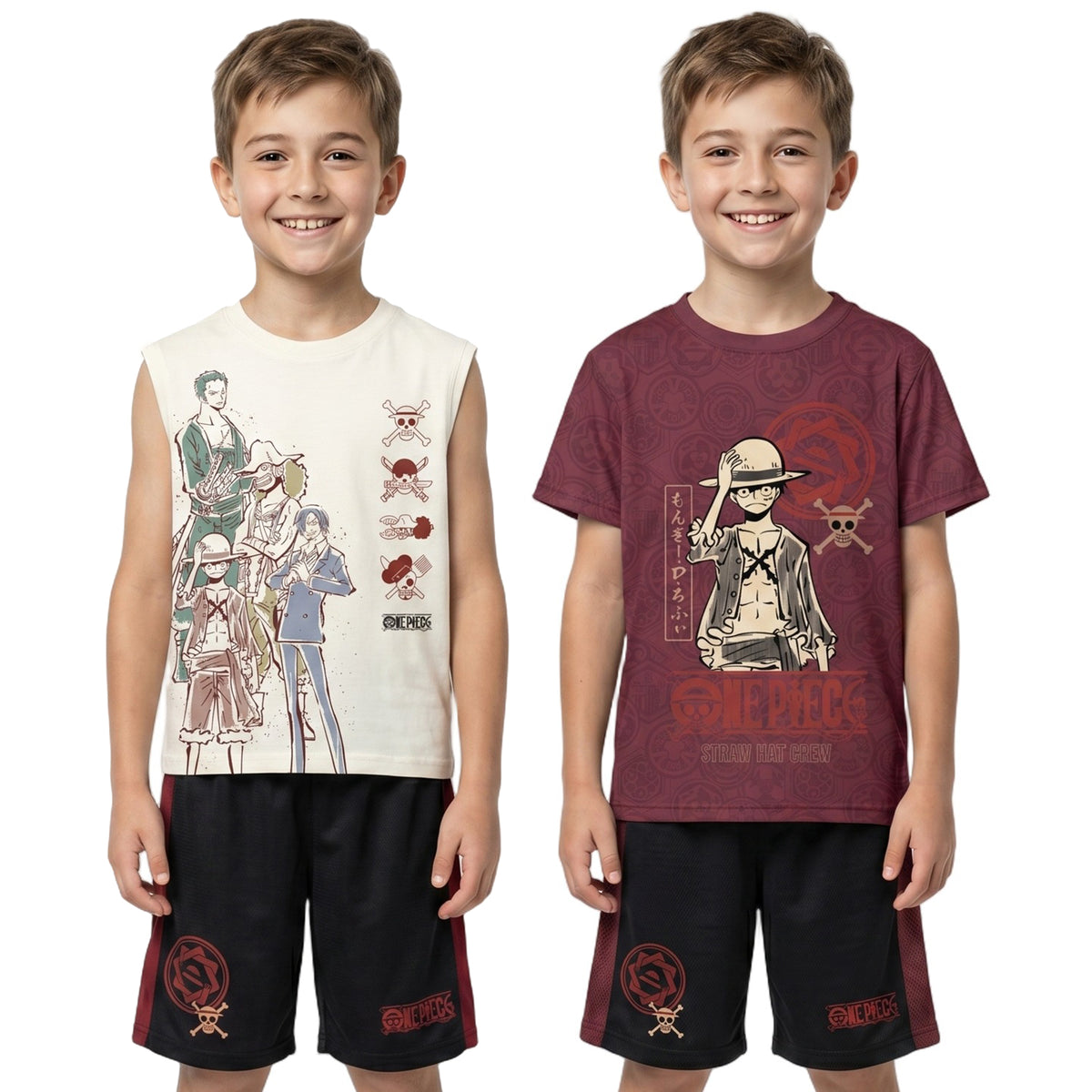 One Piece Monkey D. Luffy Youth Boy Muscle Shirt, Short-Sleeve Tee, and Lounge Shorts 3-Piece Combo Set