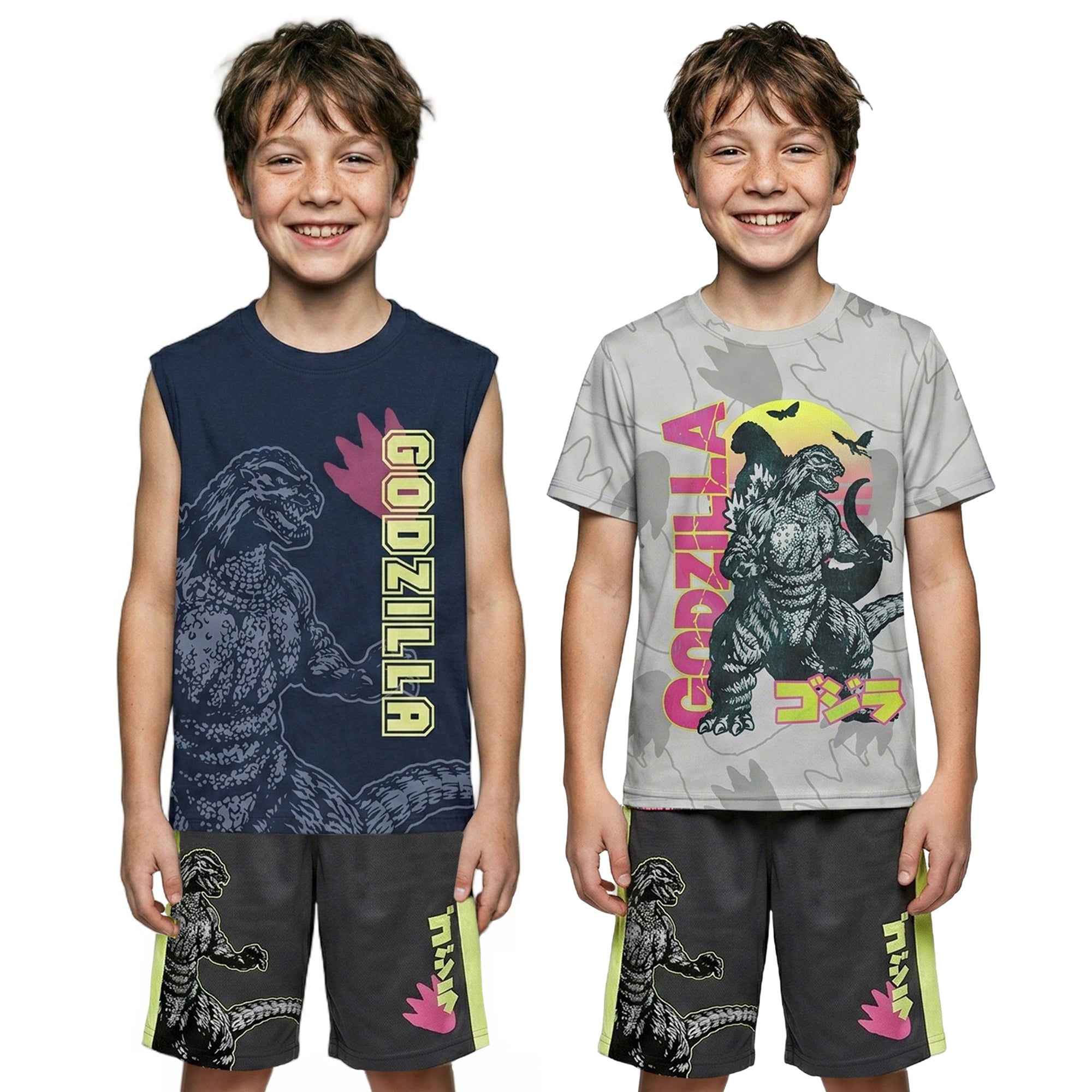 Godzilla Classic Youth Boy Muscle Shirt, Short-Sleeve Tee, and Lounge Shorts 3-Piece Combo Set