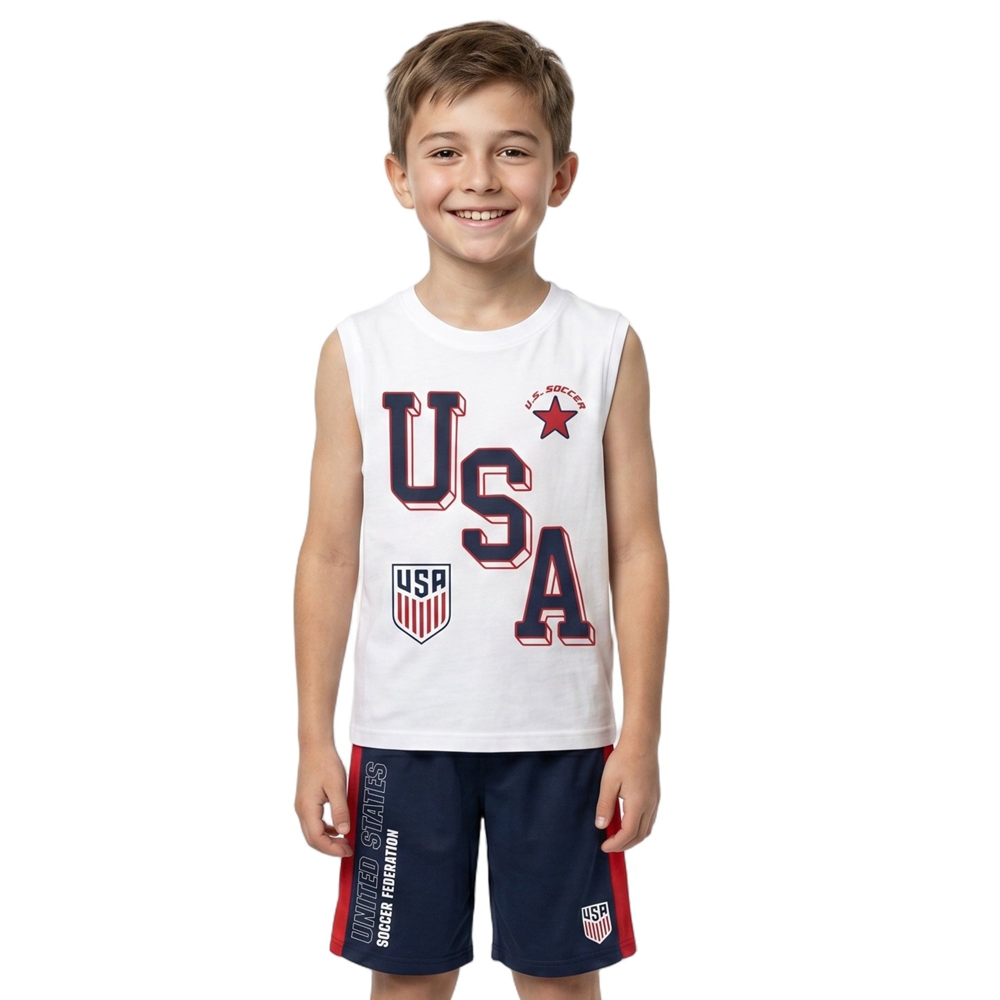 U.S. Soccer Federation Team USA Youth Boy Muscle Shirt, Short-Sleeve Tee, and Lounge Shorts 3-Piece Combo Set