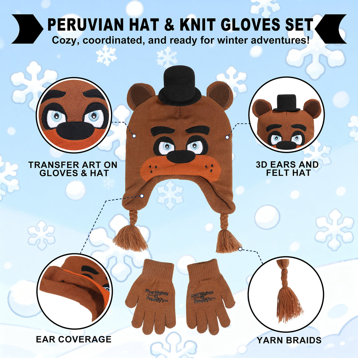 Five Nights At Freddy's Freddy Knit Peruvian Hat and Gloves Set for Kids