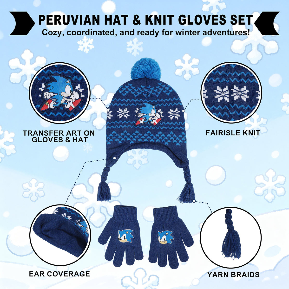 Sonic The Hedgehog Kids Fairisle Knit Peruvian Hat and Gloves Set