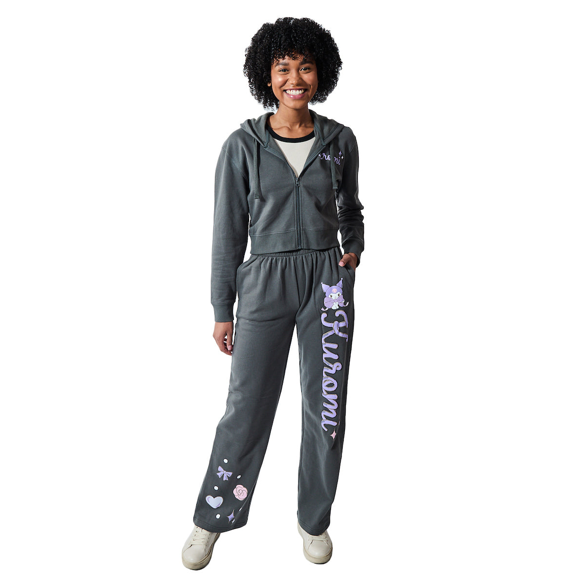 Kuromi Hearts & Bows Women's 2-Pack Charcoal Long Sleeve Crop Hoodie & Joggers Combo Set