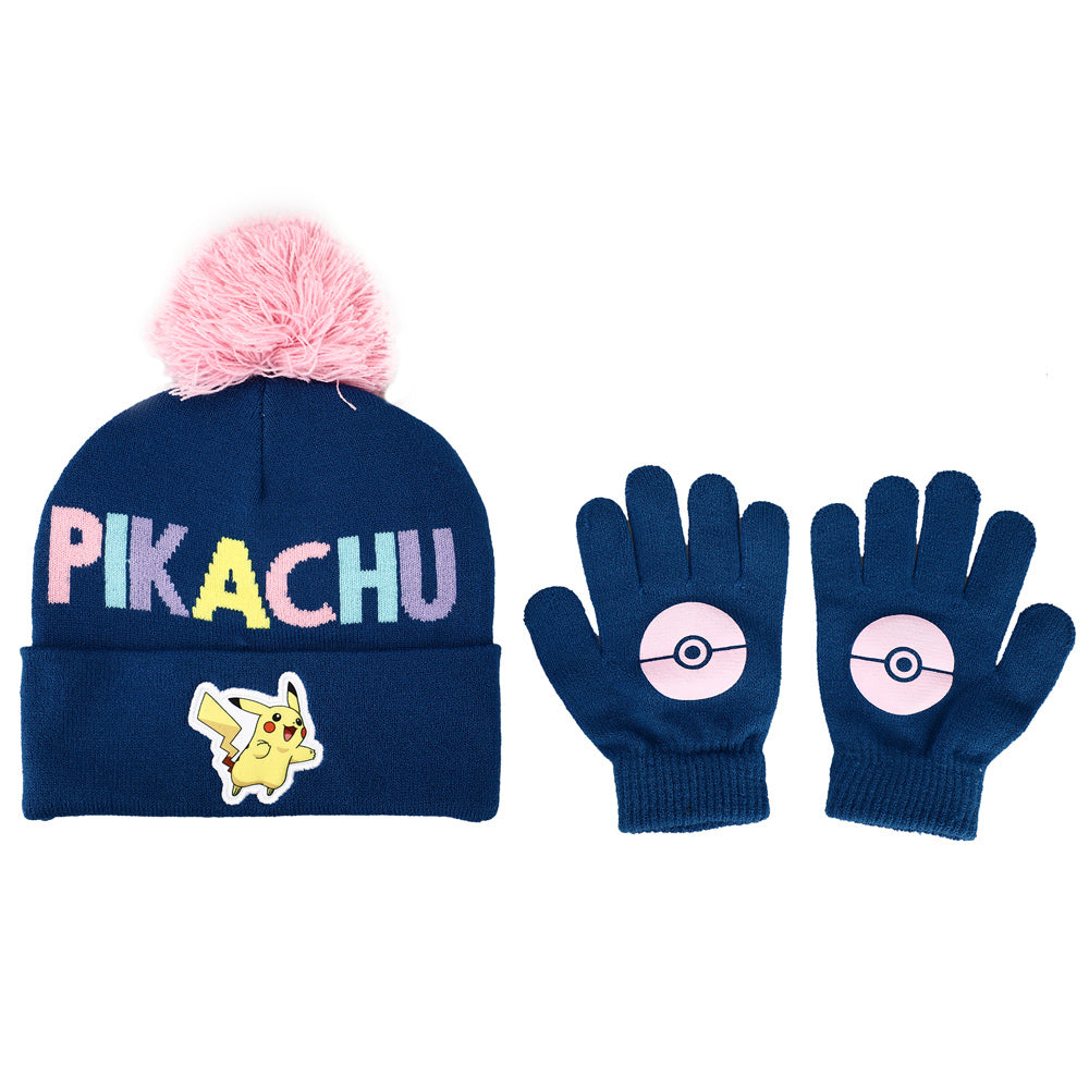 Pokemon Pikachu Kids Navy Knit Cuff Pom Beanie and Glove Set