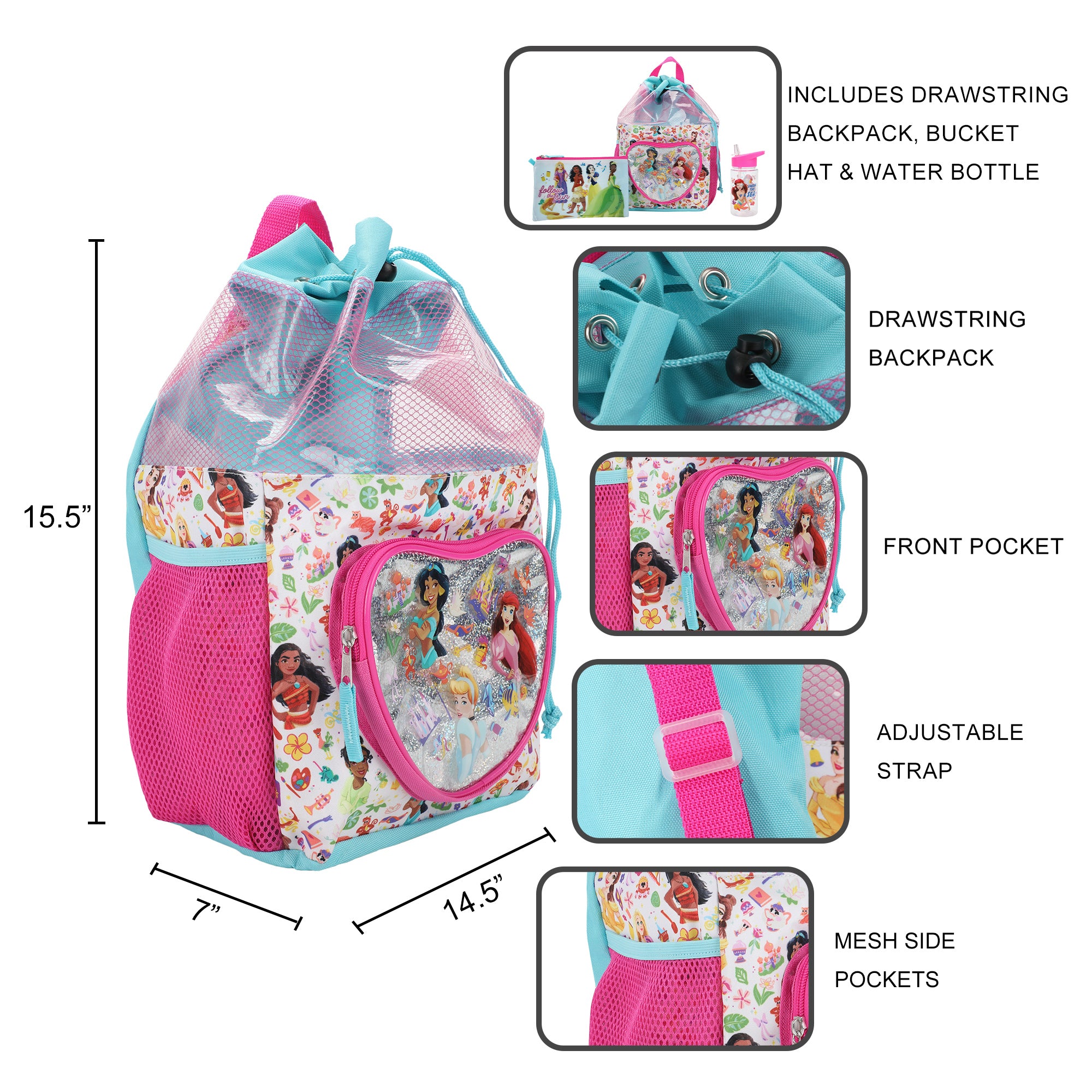 Disney Princess 3-Piece Youth Beach Backpack Set With Water Bottle