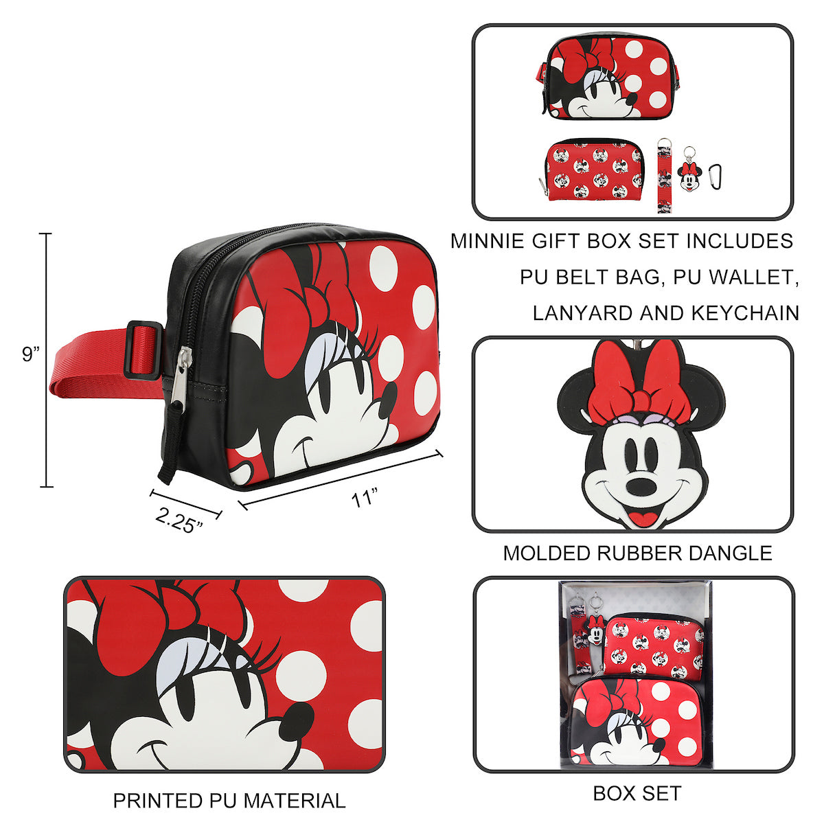 Disney Minnie Mouse Belt Bag, Wallet, Lanyard, and Keychain 4-Piece Gift Set