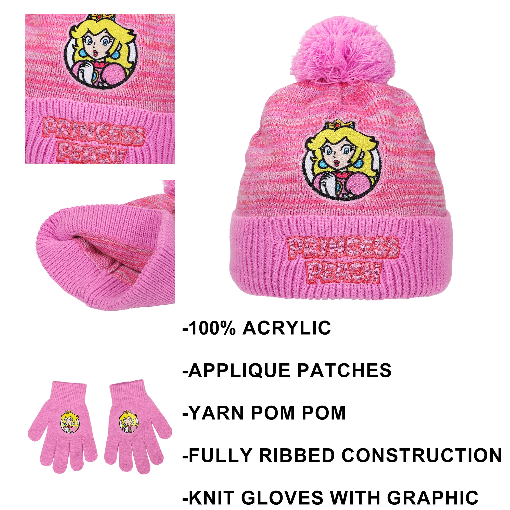 Super Mario Brothers Princess Peach Youth 2-Piece Knit Beanie & Gloves Set