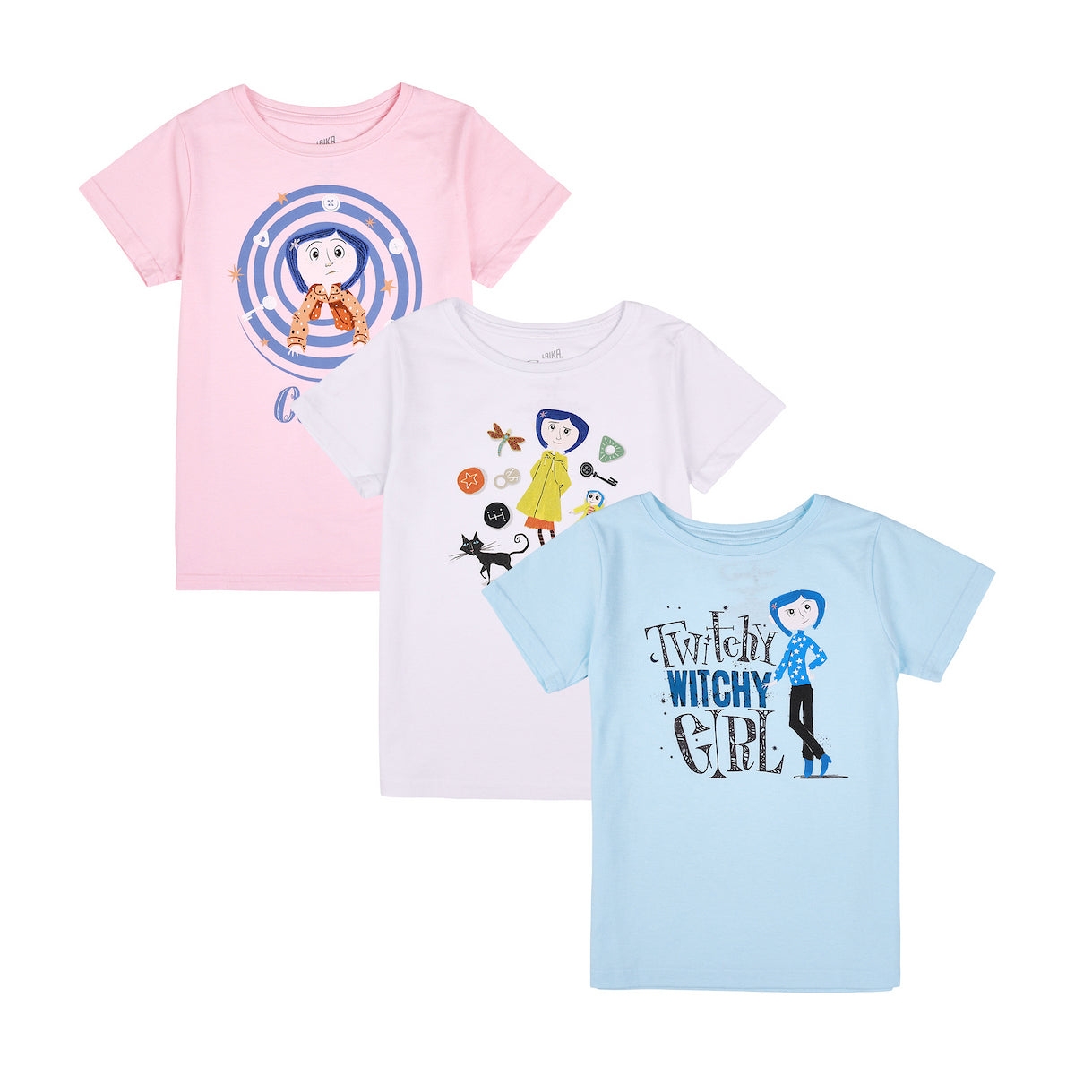 Coraline Twitchy Witchy Girl's Crew Neck Short Sleeve 3-Pack T-shirt