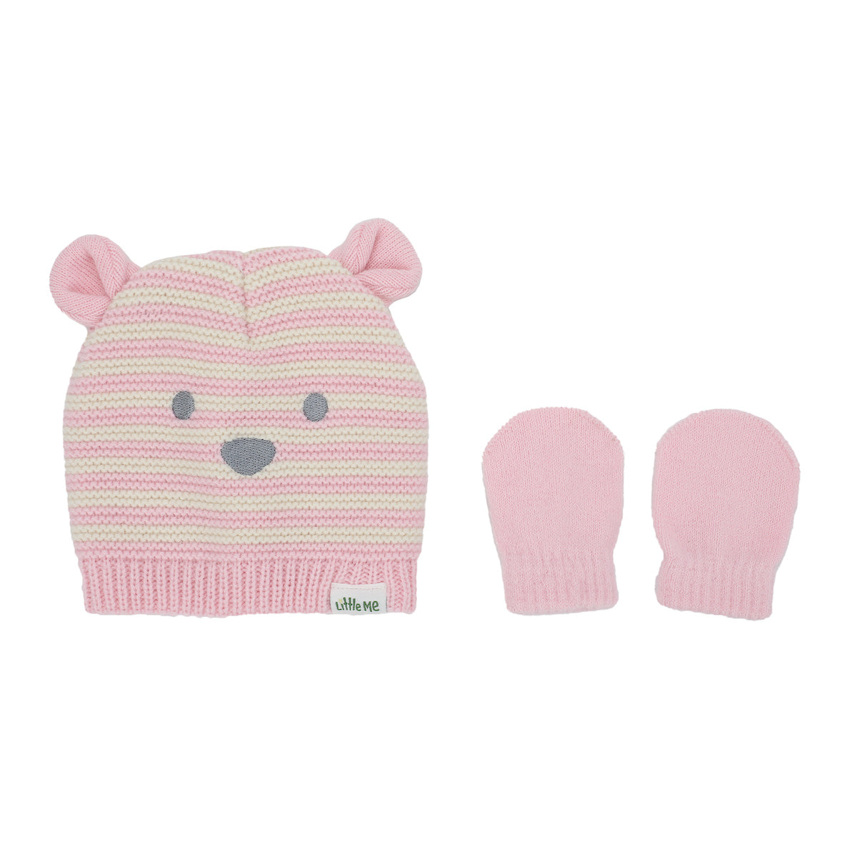 Little Me Cute Pink Striped Bear Newborn/Infant Beanie and Mittens Set