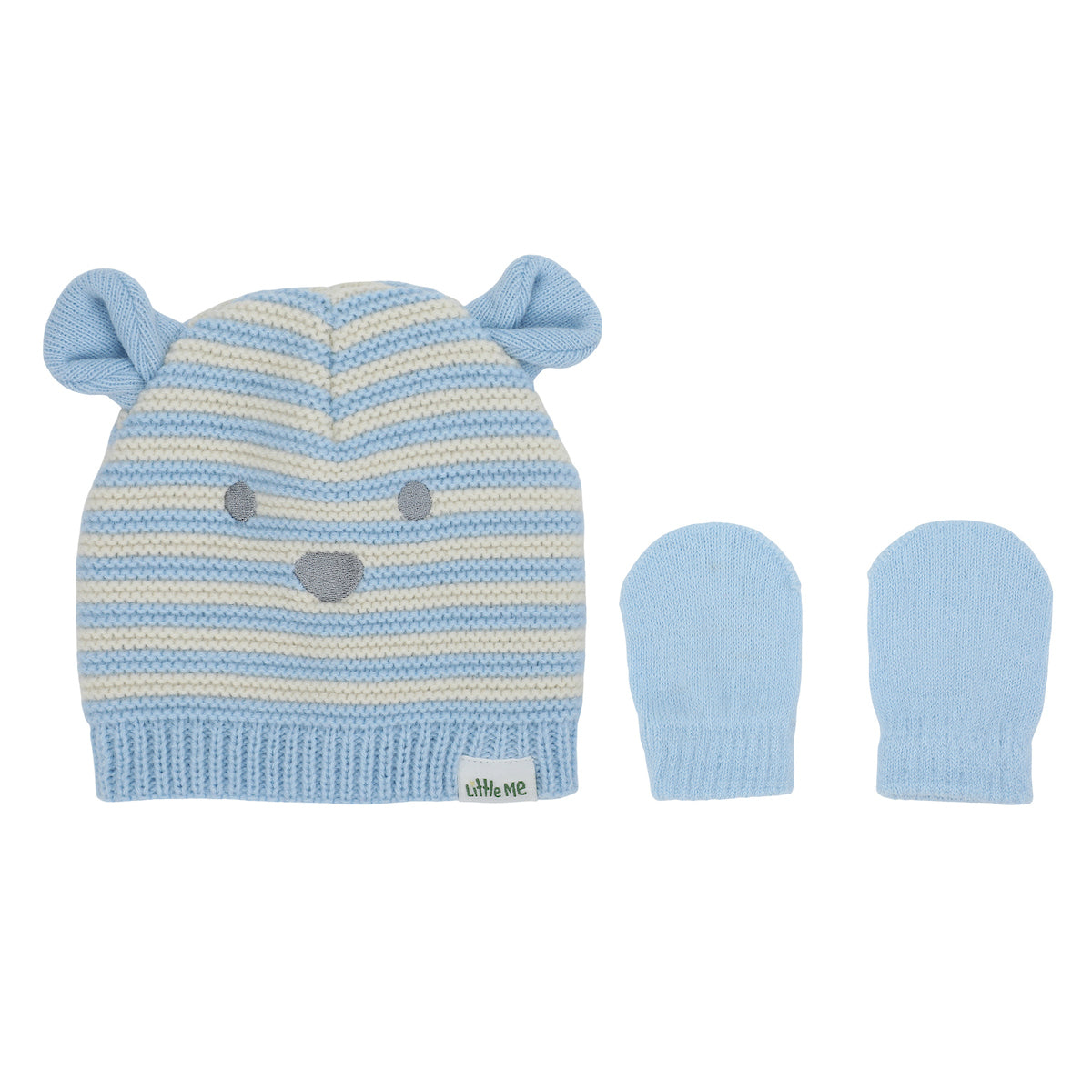 Little Me Cute Blue Striped Bear Newborn/Infant Beanie and Mittens Set