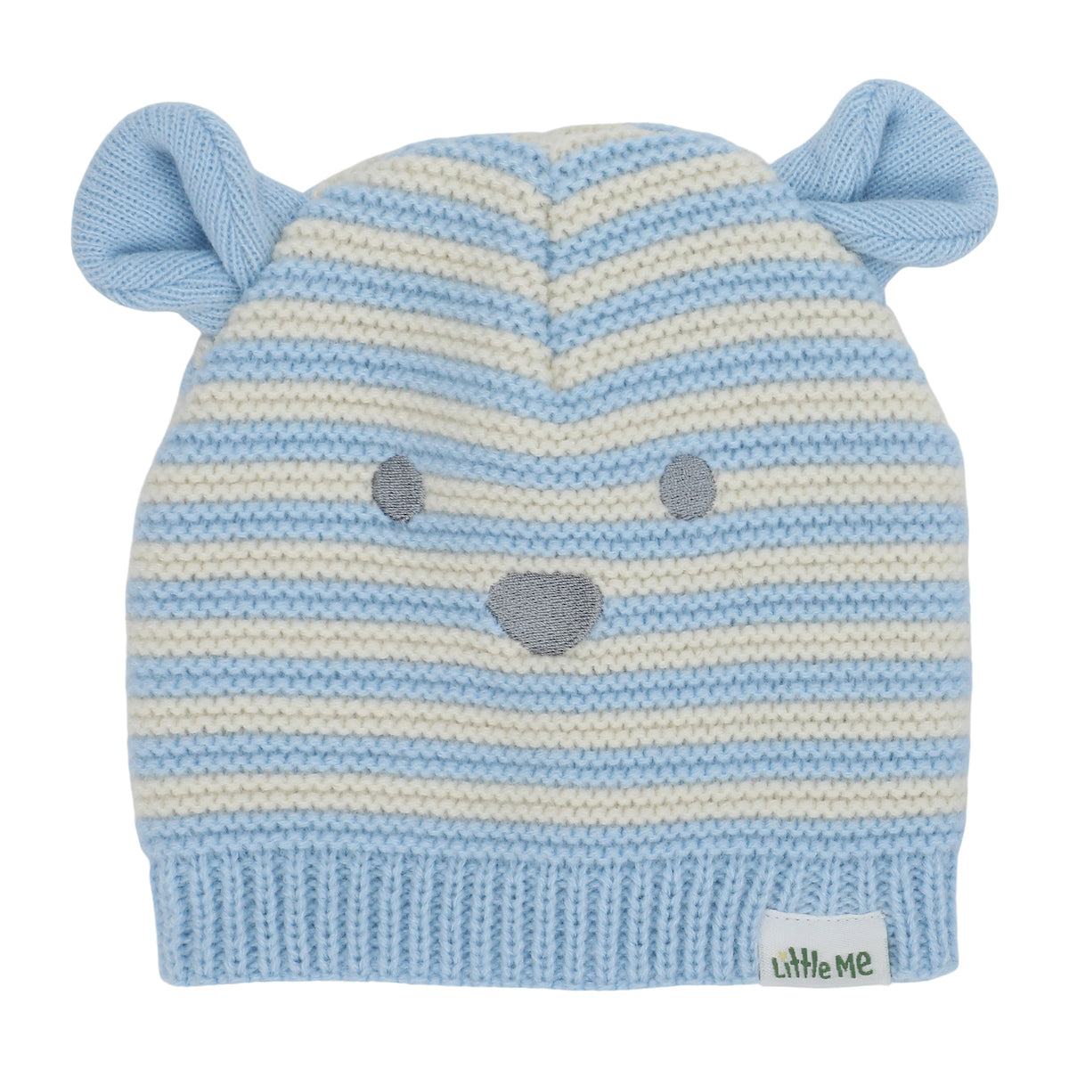 Little Me Cute Blue Striped Bear Newborn/Infant Beanie and Mittens Set