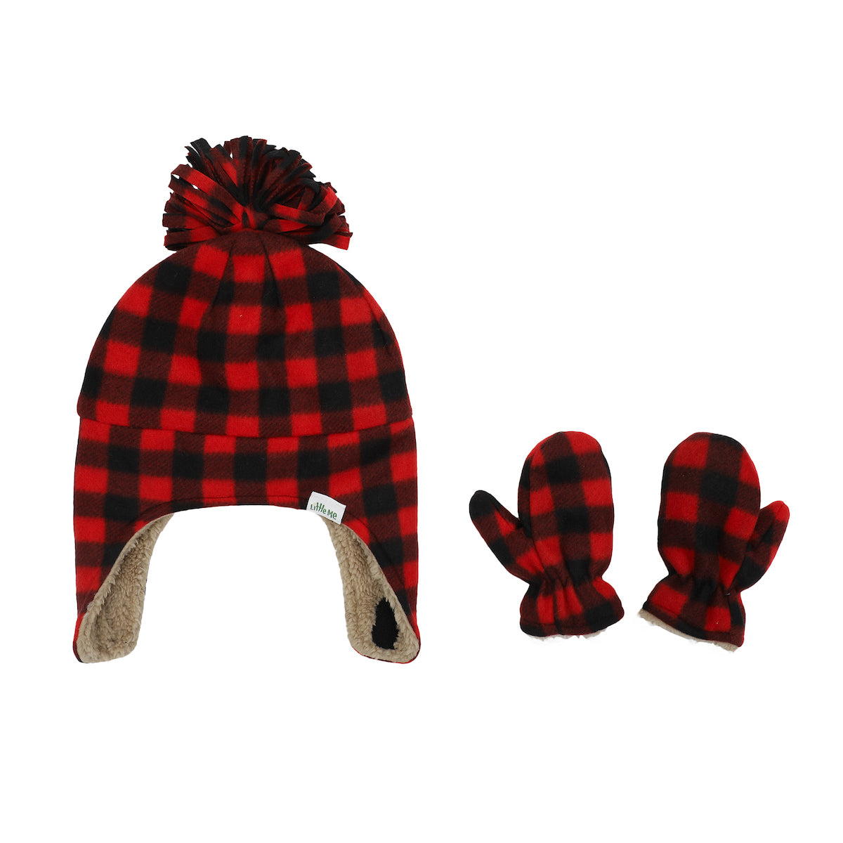 Little Me Red and Black Buffalo Check Infant/Toddler Pilot Cap and Mittens Set
