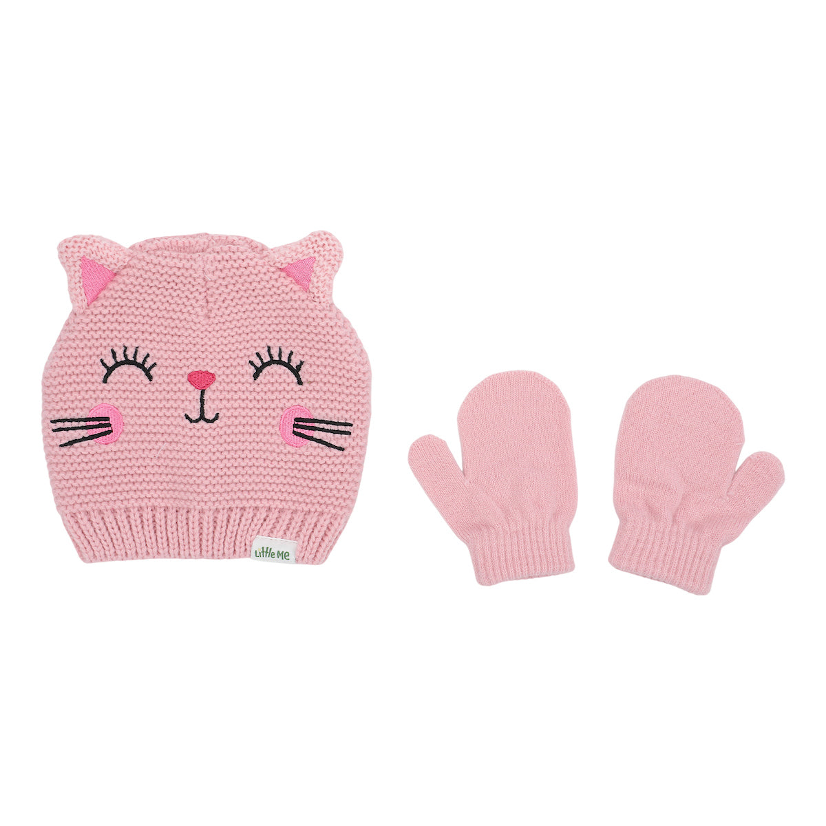 Little Me Cute Pink Cat Infant/Toddler Beanie and Mittens Set