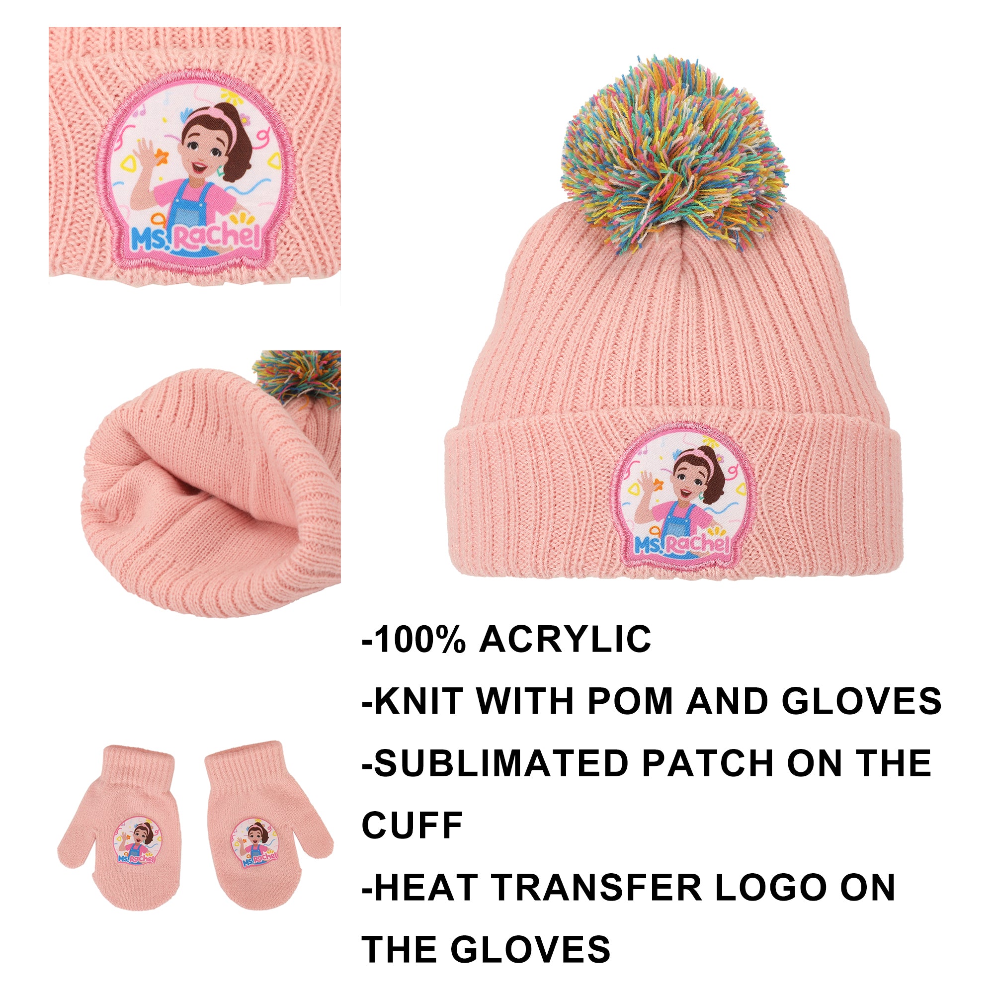 Ms. Rachel Character Logo Toddler 2-Piece Knit Beanie & Gloves Set