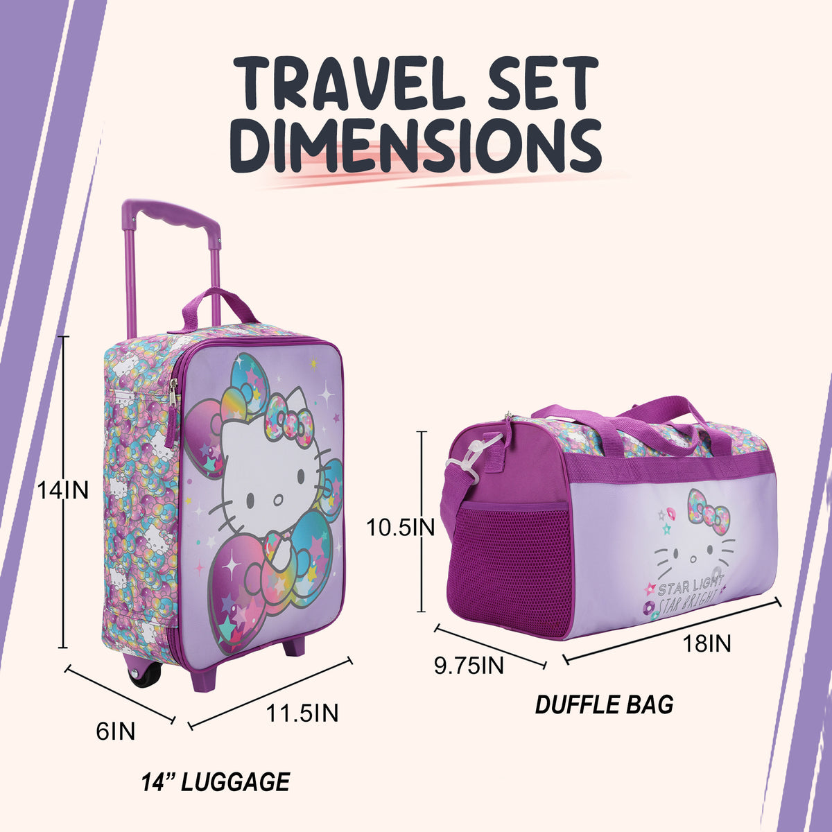 Hello Kitty Starshine 3-Piece Youth Pilot Case Duffle Bag & Luggage Tag Carry On Luggage
