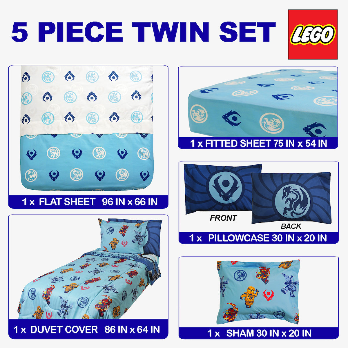 LEGO Ninjago Smash Twin Comforter 5 Piece Panel Set for Kids