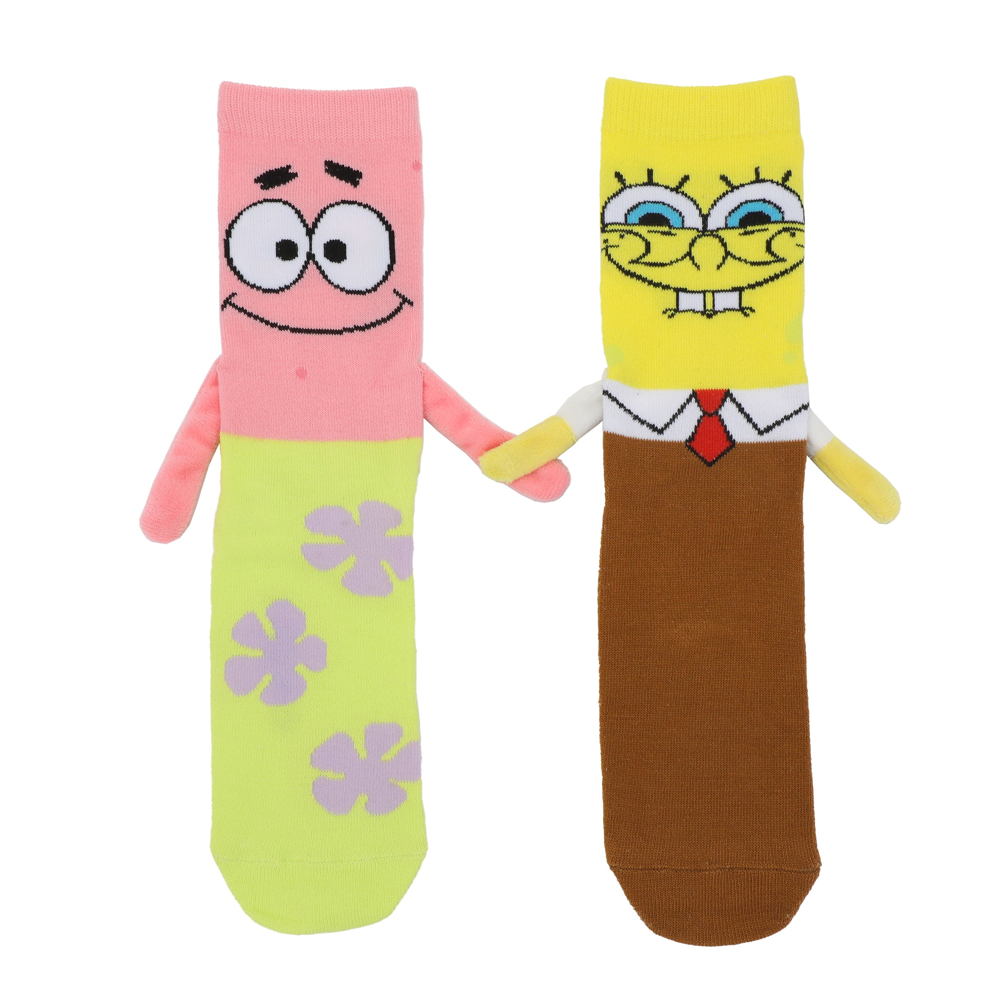 Spongebob Squarepants Spongebob & Patrick Women's Casual Crew Socks With 3D Arms & Magnetic Hands